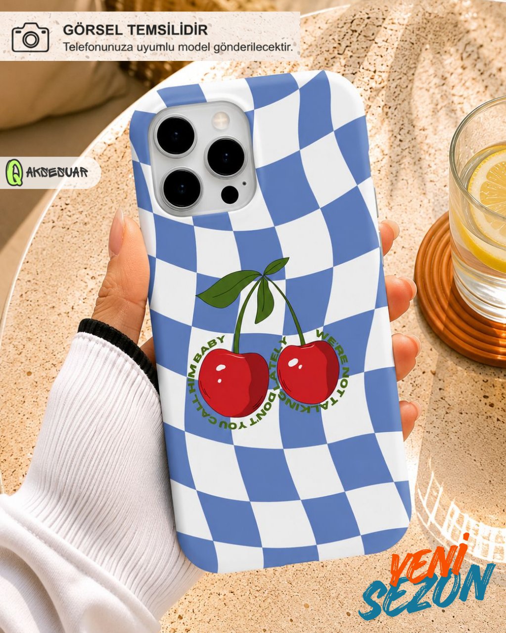 İphone Uyumlu Kiraz Desenli Mavi Ekose Tasarım Telefon Kılıfı