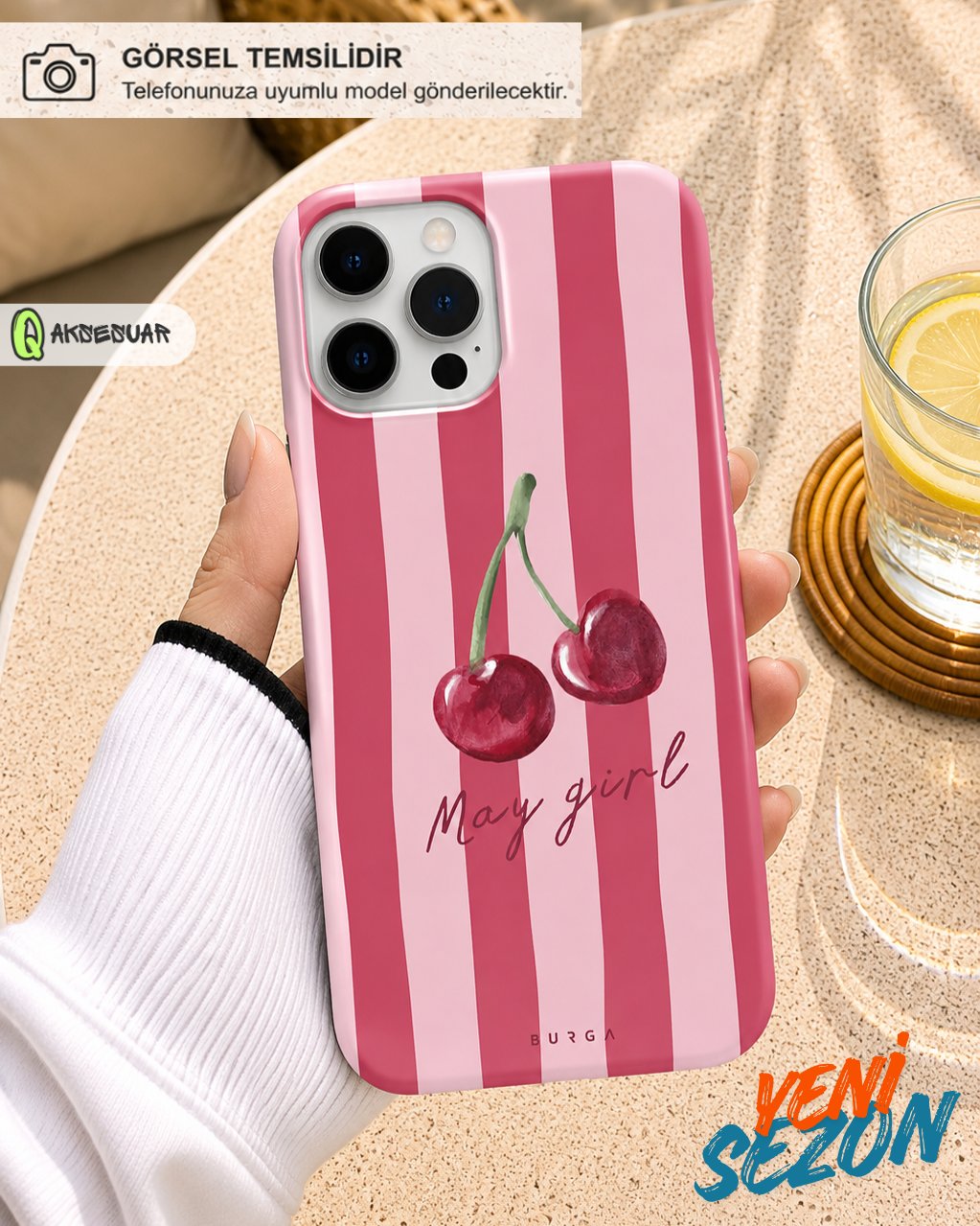 İphone Uyumlu Kiraz Desenli Pembe Çizgili Tasarım Telefon Kılıfı
