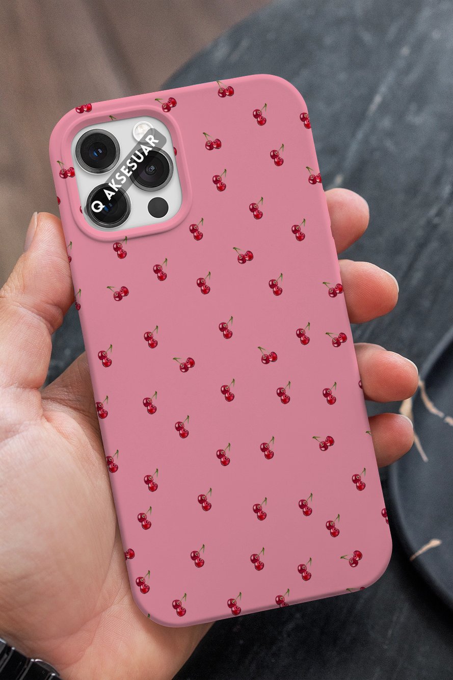 İphone Uyumlu Kiraz Tasarımlı Premium Telefon Kılıfı Şeker Pembe (Model Seçiniz)