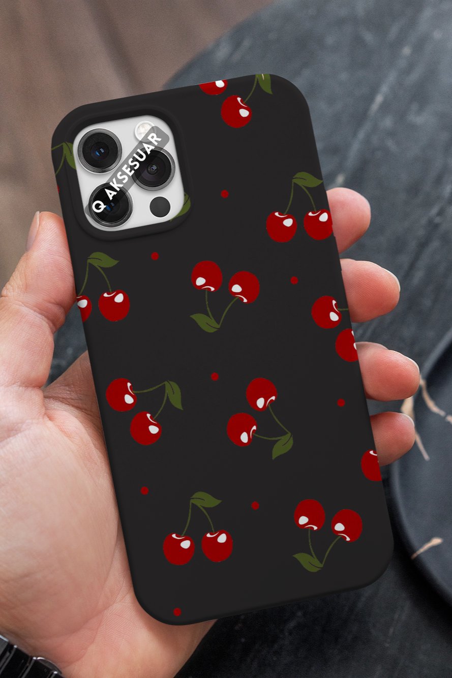 İphone Uyumlu Kiraz Tasarımlı Premium Telefon Kılıfı Siyah (Model Seçiniz)