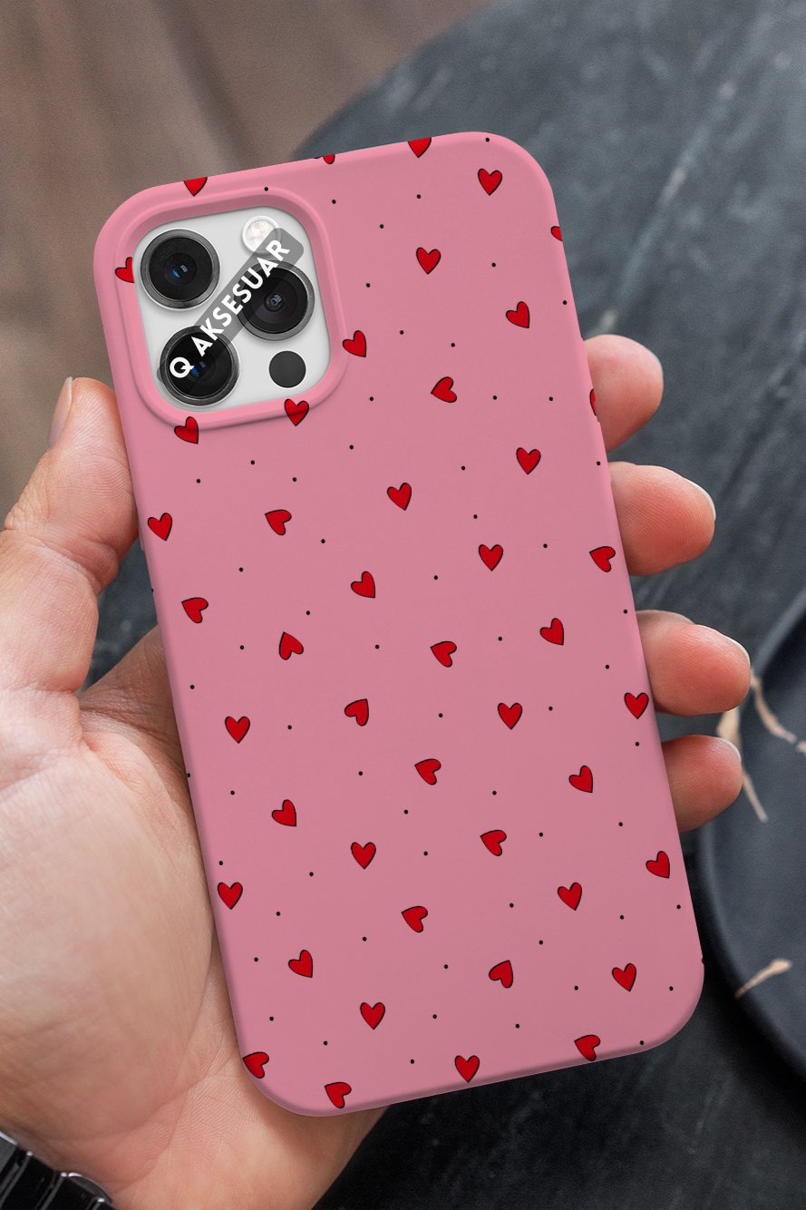İphone Uyumlu Mini Kalpler Tasarımlı Premium Telefon Kılıfı Şeker Pembe (Model Seçiniz)