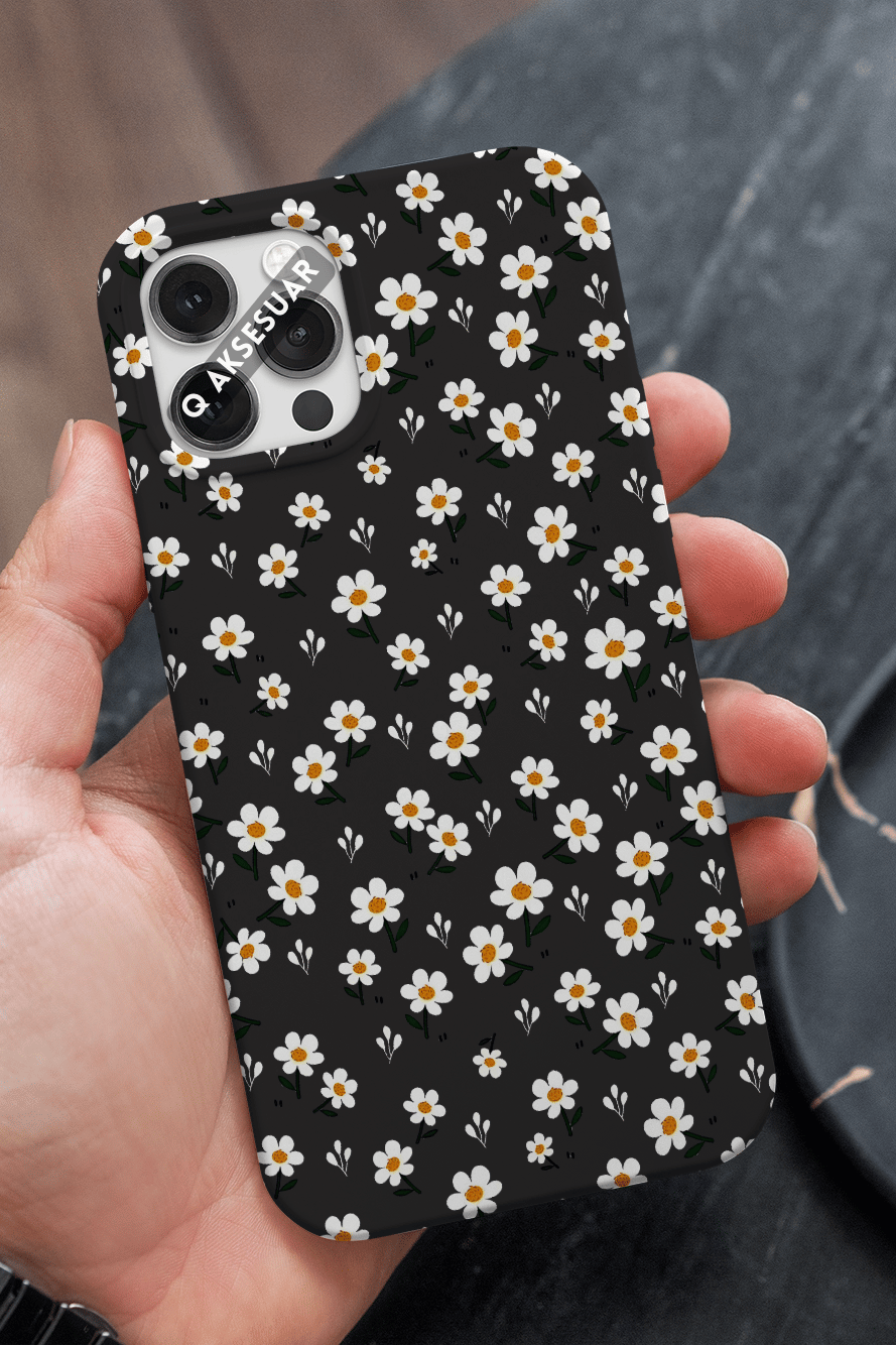 İphone Uyumlu Papatyalar Tasarımlı Premium Telefon Kılıfı Siyah (Model Seçiniz)