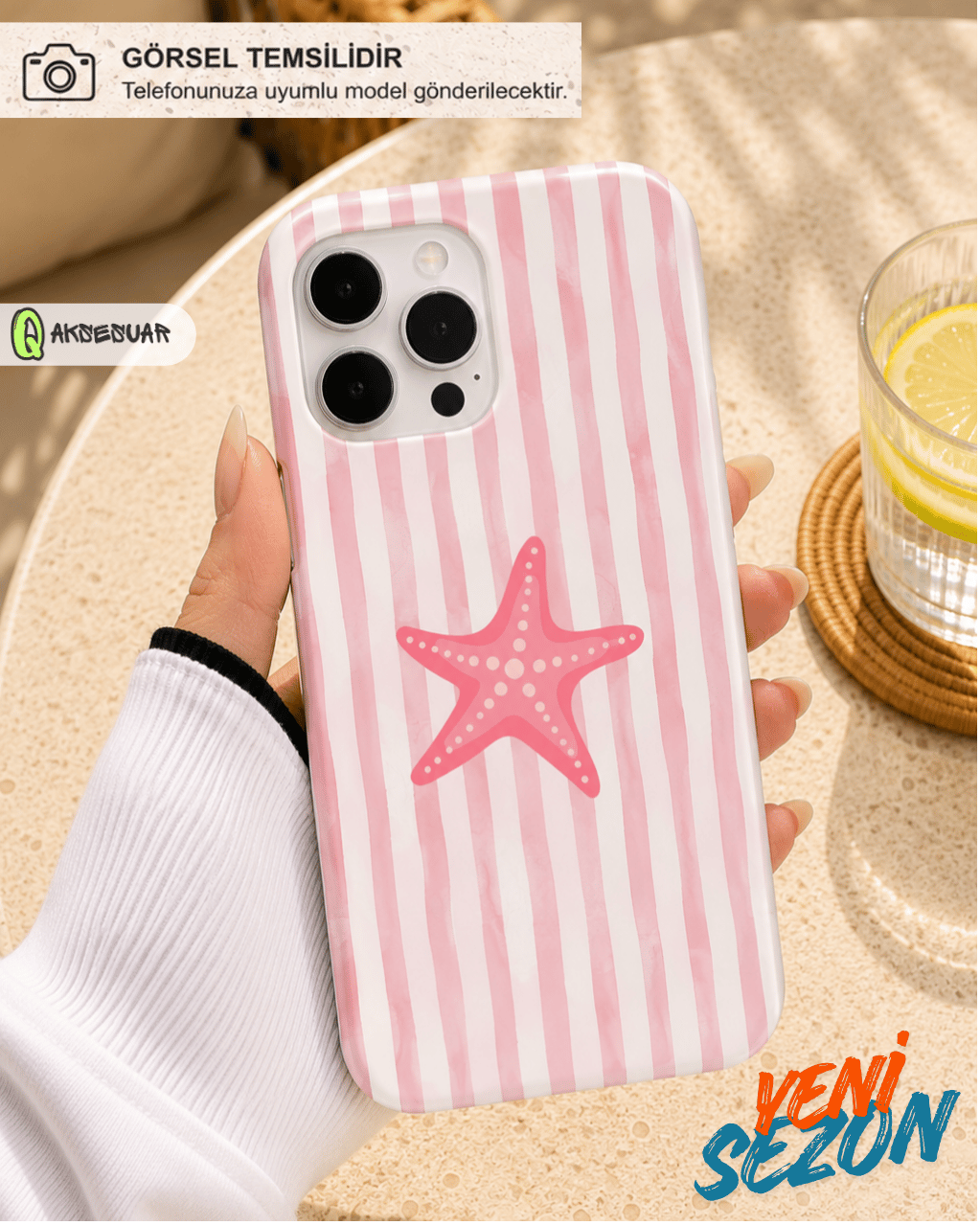 İphone Uyumlu Pembe Deniz Yıldızı Desenli Çizgili Tasarım Telefon Kılıfı