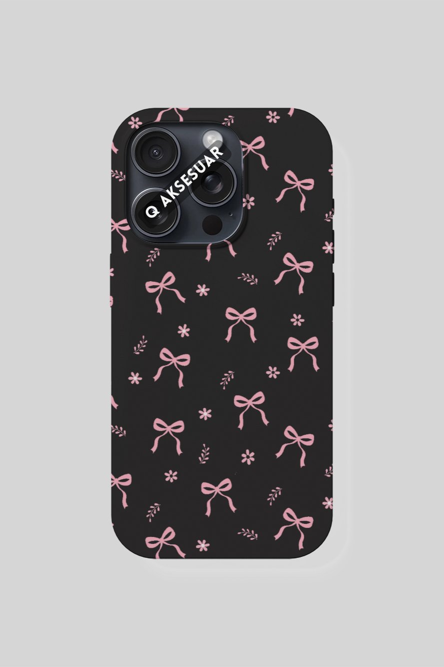İphone Uyumlu Pembe Fiyonklar Tasarımlı Premium Telefon Kılıfı Siyah (Model Seçiniz)