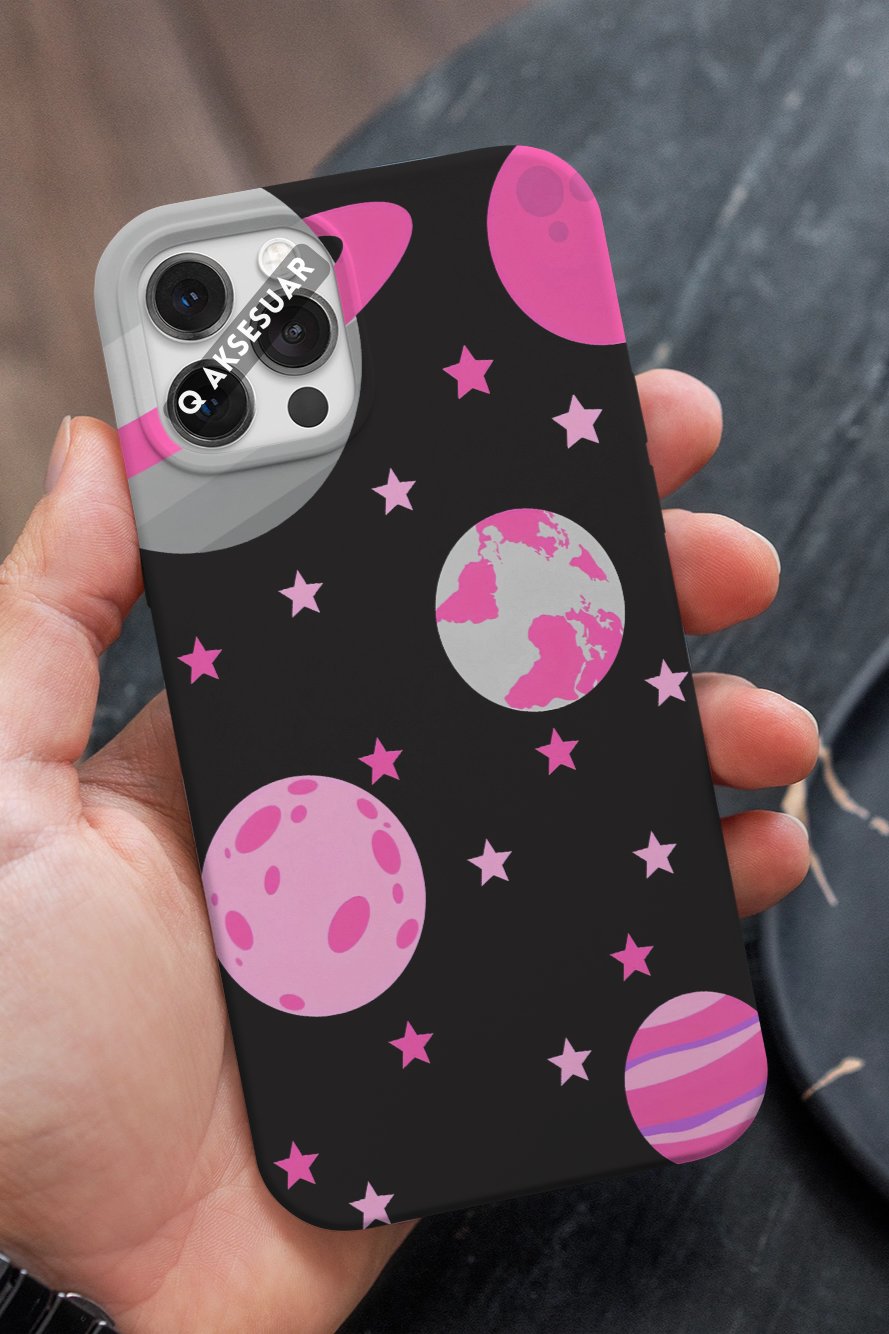 İphone Uyumlu Pembe Gezegenler Premium Telefon Kılıfı Siyah (Model Seçiniz)