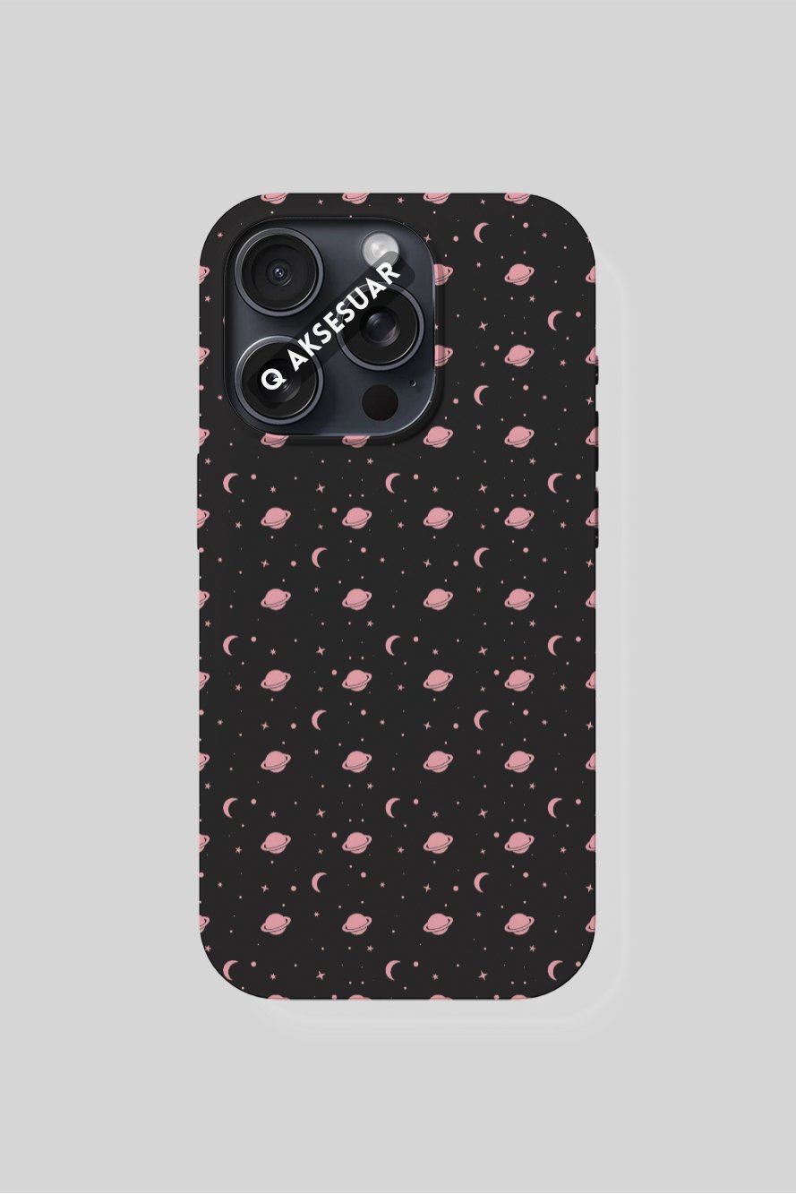 İphone Uyumlu Pembe gezegenler Tasarımlı Premium Telefon Kılıfı Siyah (Model Seçiniz)