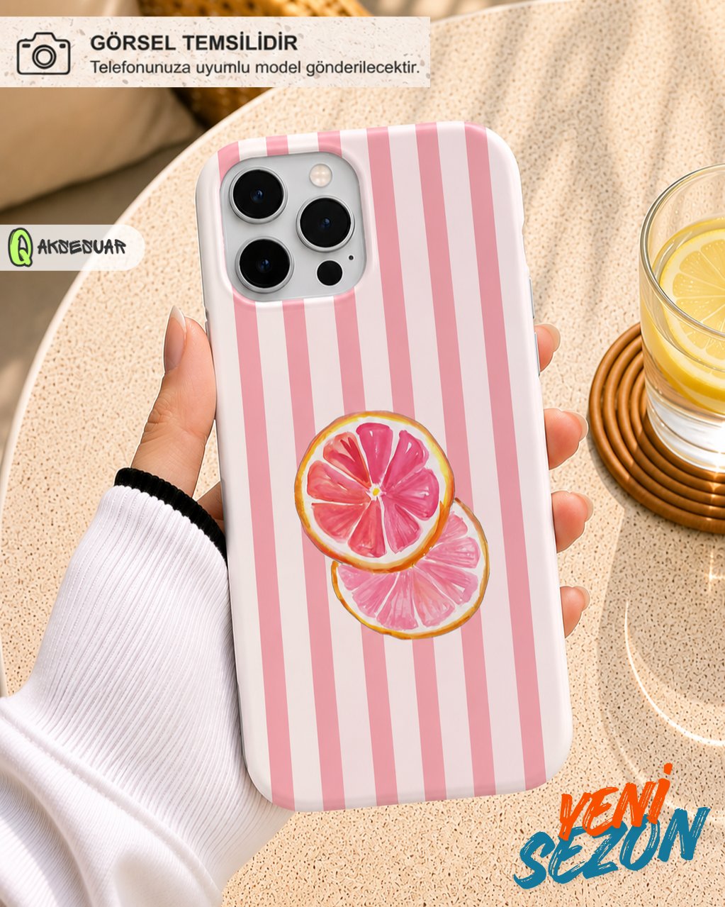 İphone Uyumlu Pembe Greyfurt Desenli Çizgili Tasarım Telefon Kılıfı