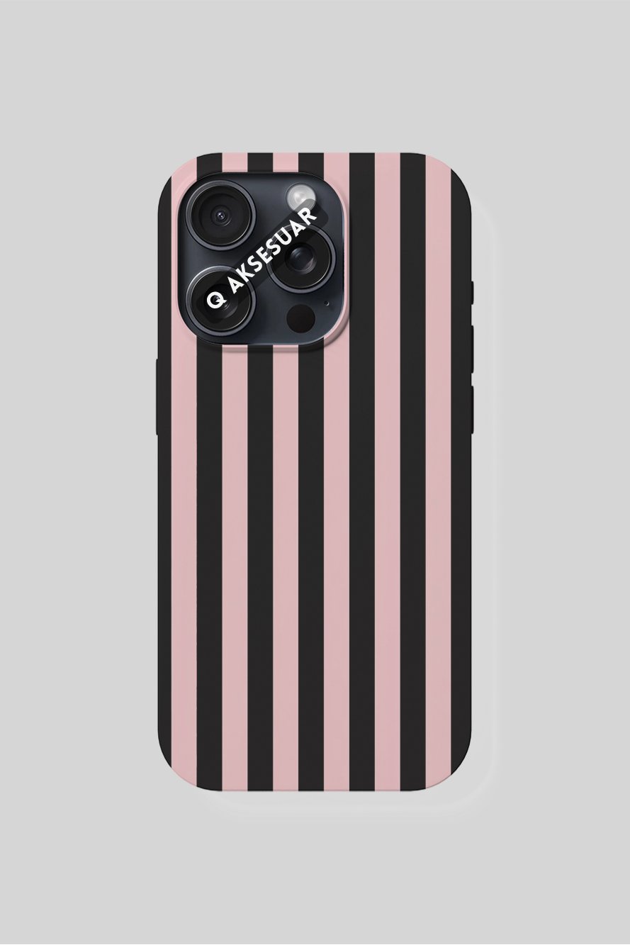 İphone Uyumlu Pembe Şerit Tasarımlı Premium Telefon Kılıfı Siyah (Model Seçiniz)