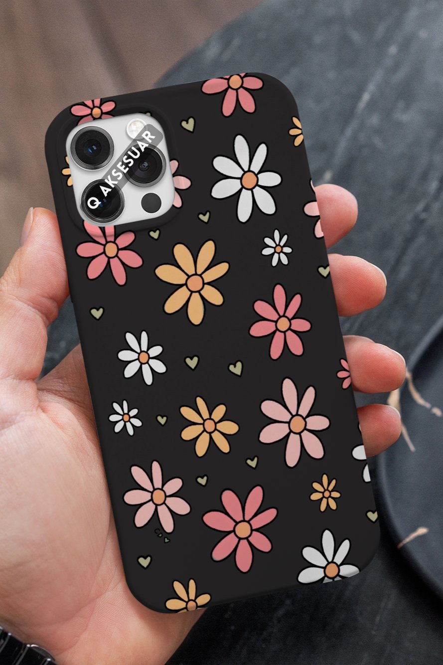 İphone Uyumlu Renkli Çiçekler Tasarımlı Premium Telefon Kılıfı Siyah (Model Seçiniz)