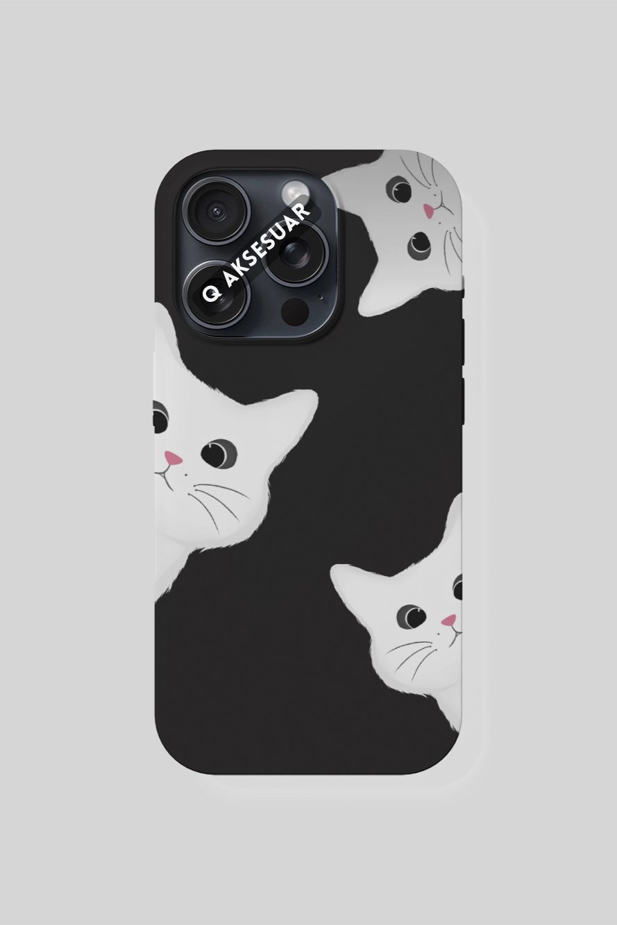 İphone Uyumlu Sevimli Kedi Tasarımlı Premium Telefon Kılıfı Siyah (Model Seçiniz)