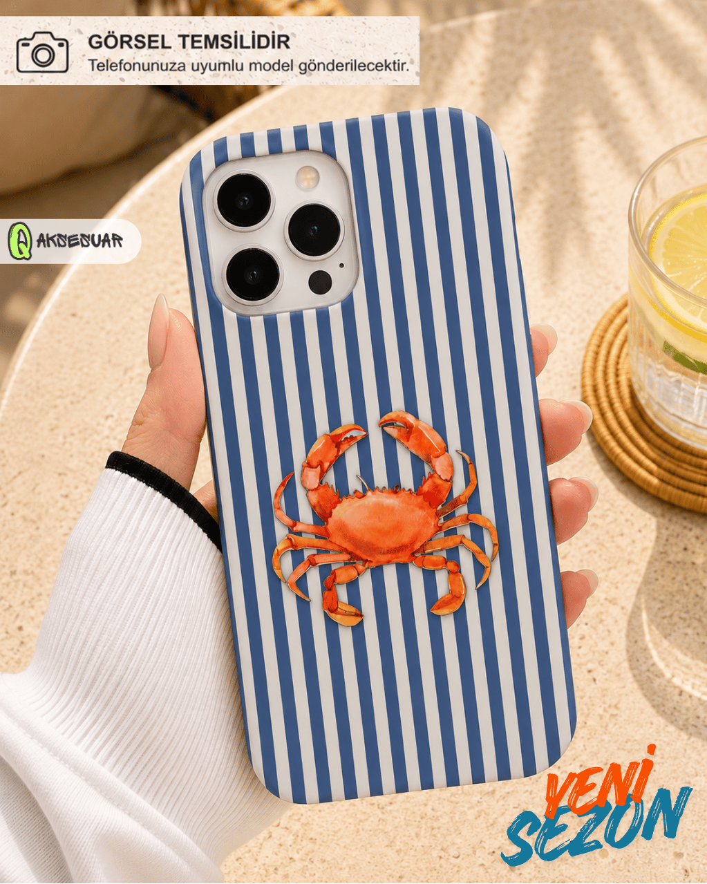 İphone Uyumlu Yengeç Desenli Çizgili Tasarım Telefon Kılıfı