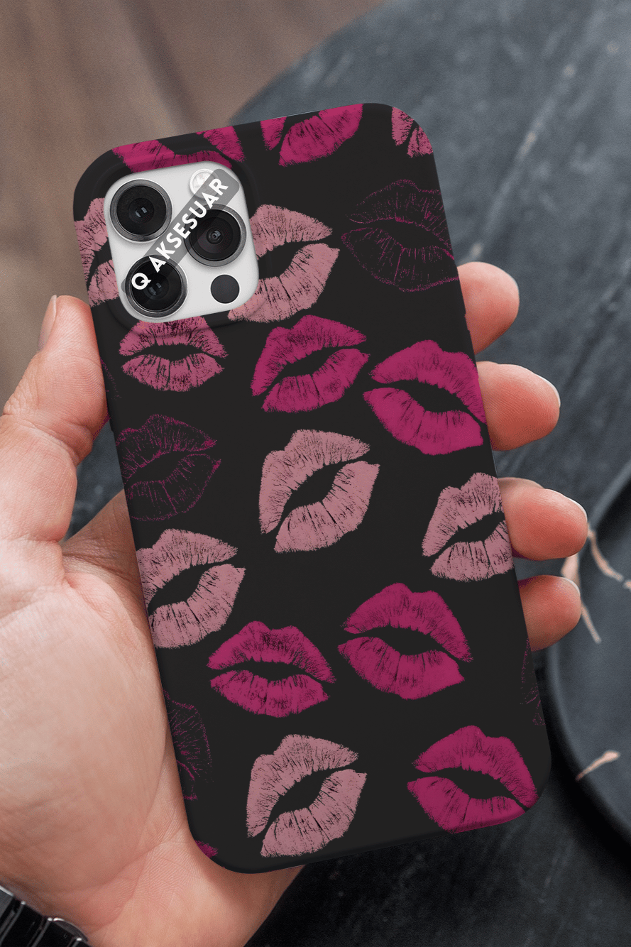 İphone Uyumlu Yıldız Pembe Dudaklar Premium Telefon Kılıfı Siyah (Model Seçiniz)