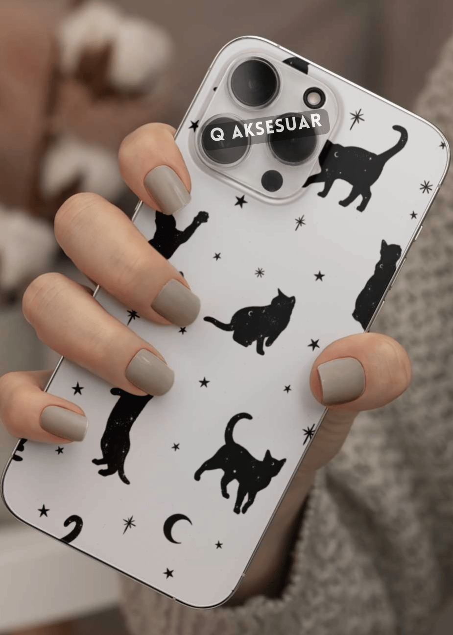 Kedi ve Yıldızlar Tasarımlı Şeffaf Telefon Kılıfı