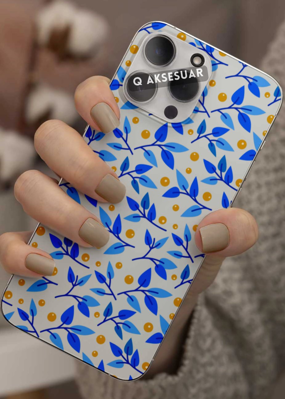 Samsung Galaxy Uyumlu Mavi Yapraklar Tasarımlı Şeffaf Telefon Kılıfı (Model Seçiniz)