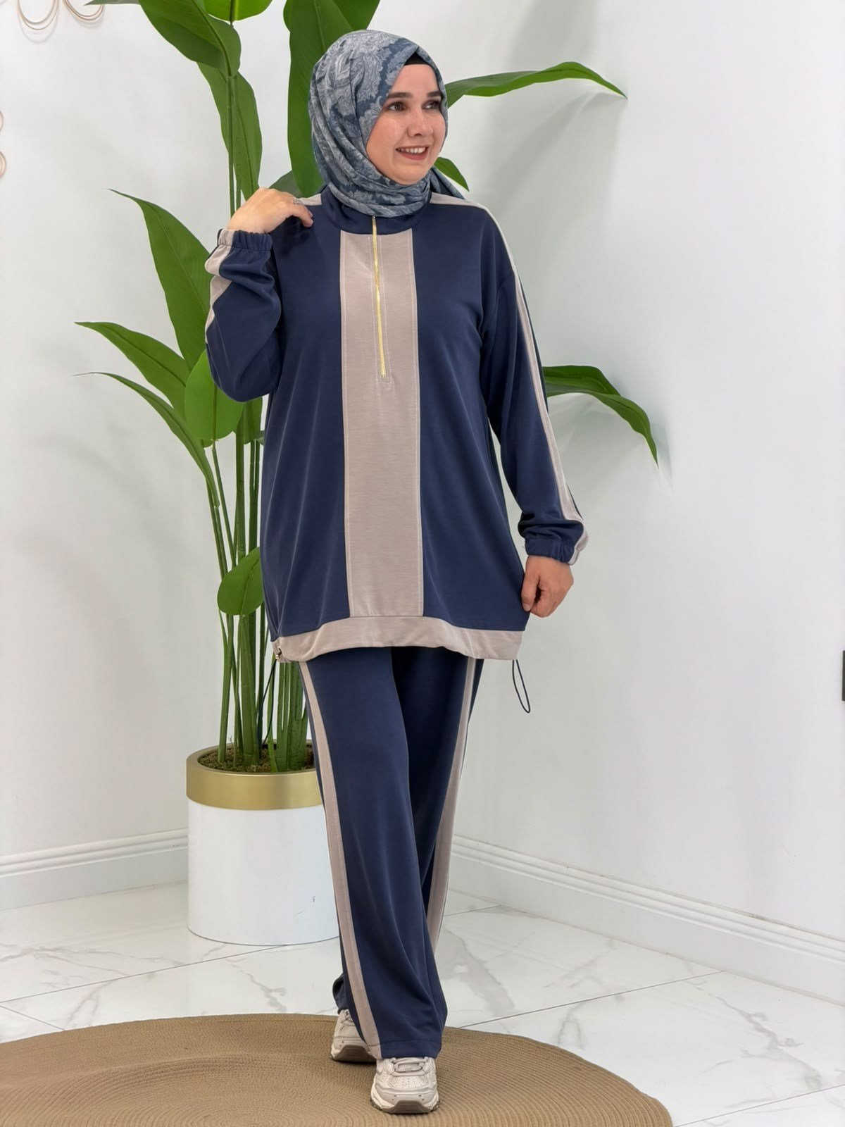 4103 Lacivert Lina Şerit Detaylı Takım