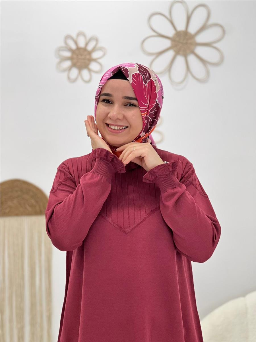 Bordo Fırfırlı Triko Tunik
