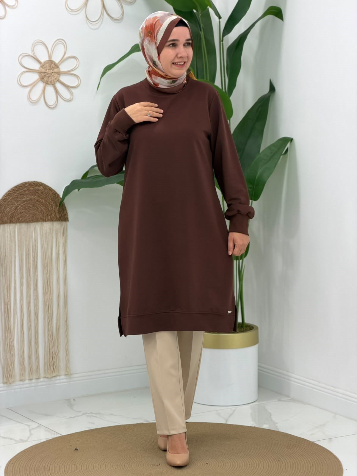 Kahve İki İplik Uzun Sweatshirt