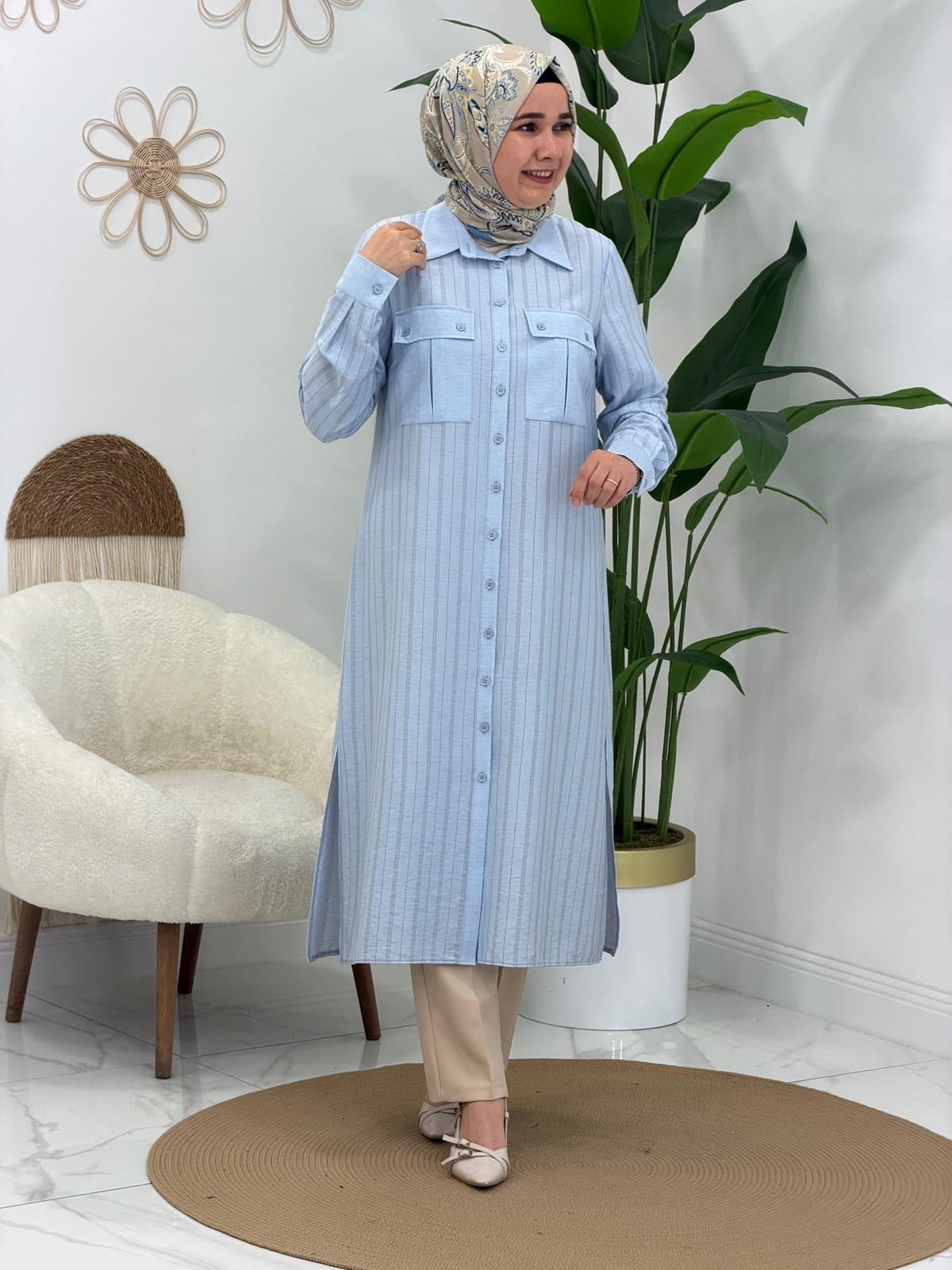 Mavi Çizgi Detaylı Uzun Boy Tunik