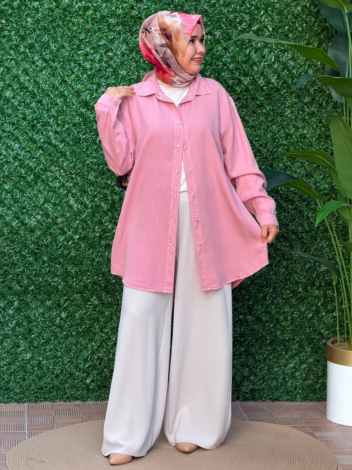 Pembe Çıtçıt Düğmeli Tensel Tunik
