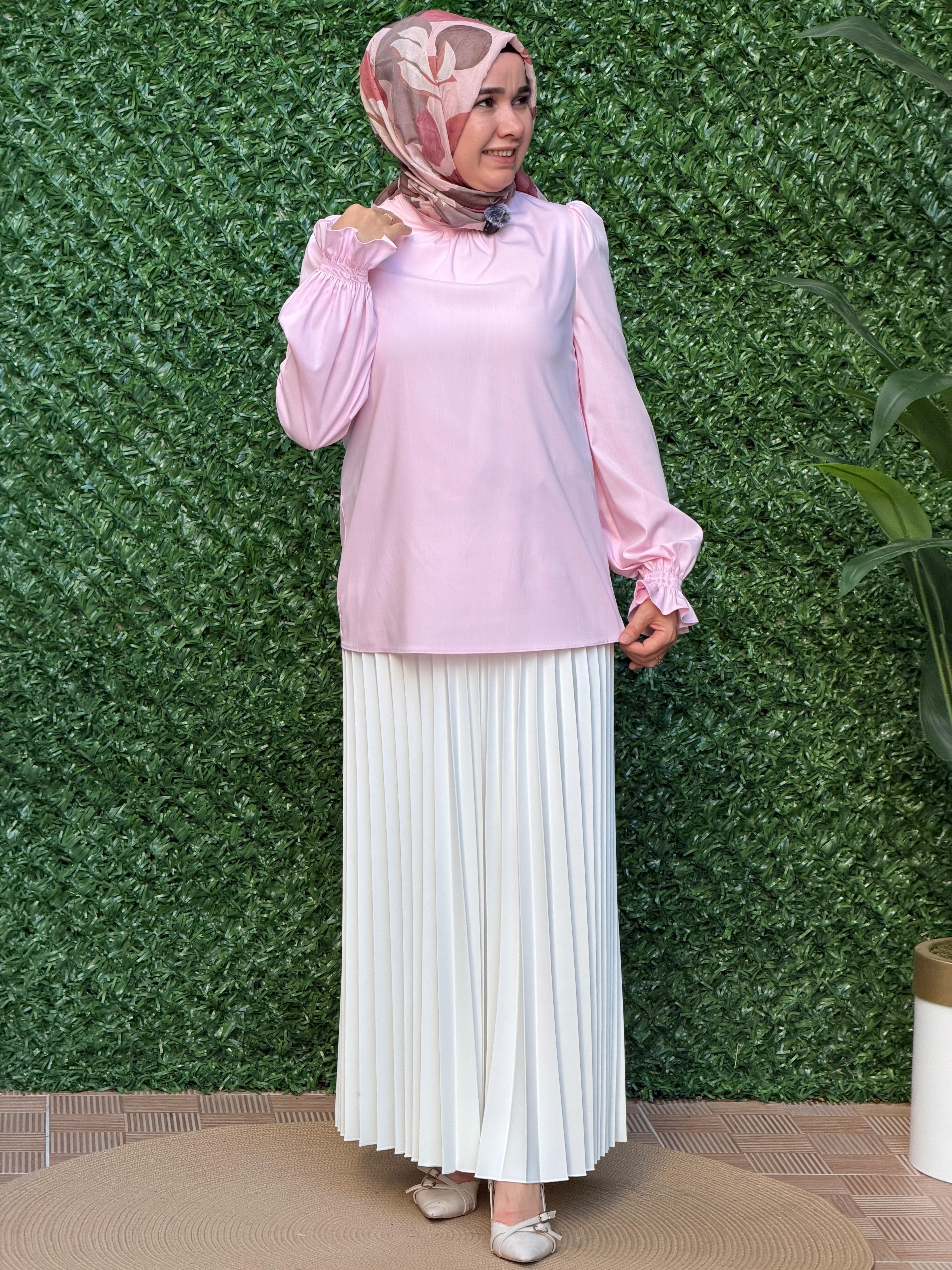 Pembe Kol Ucu Gipeli Hakim Yaka Bluz