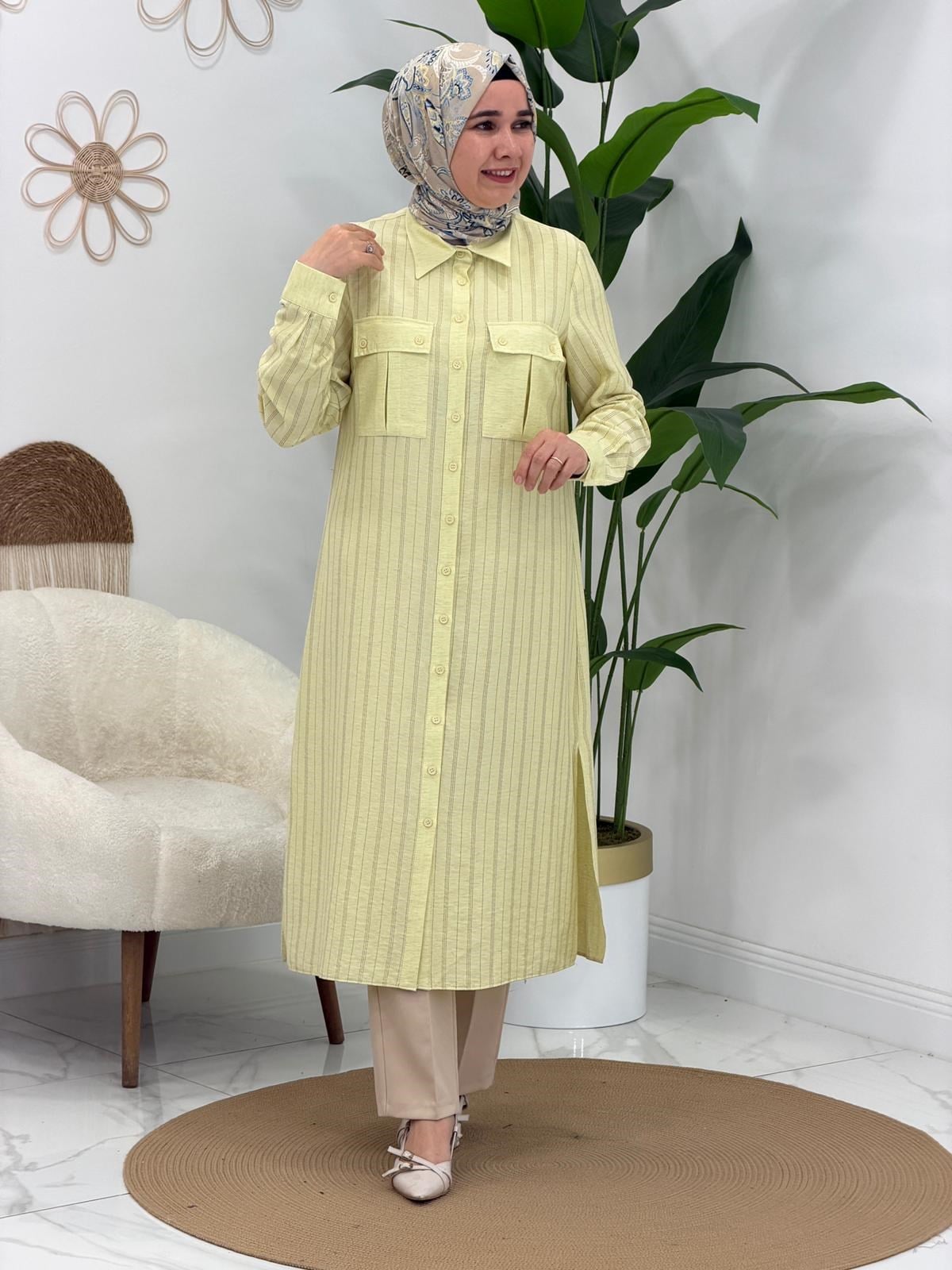 Sarı Çizgi Detaylı Uzun Tunik
