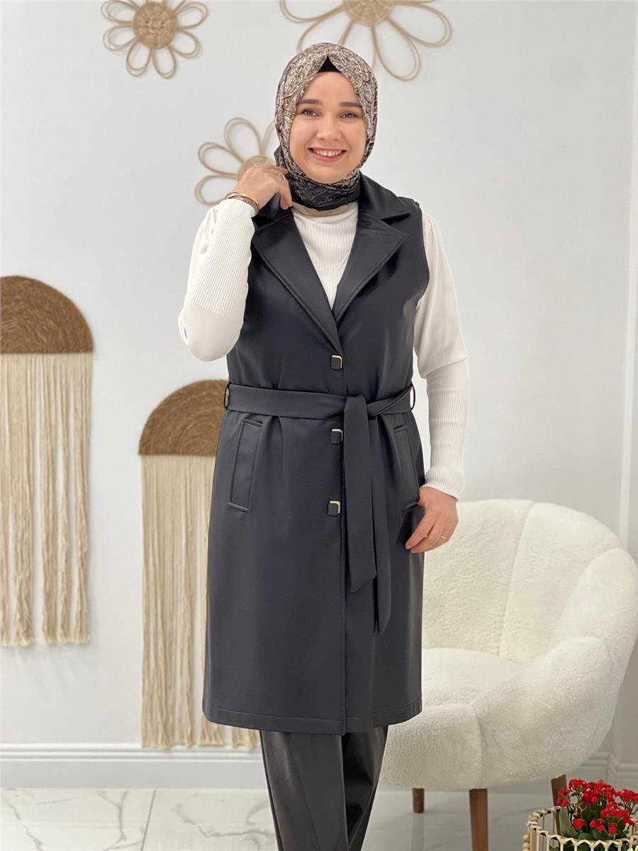 Siyah Kemerli Deri Yelek