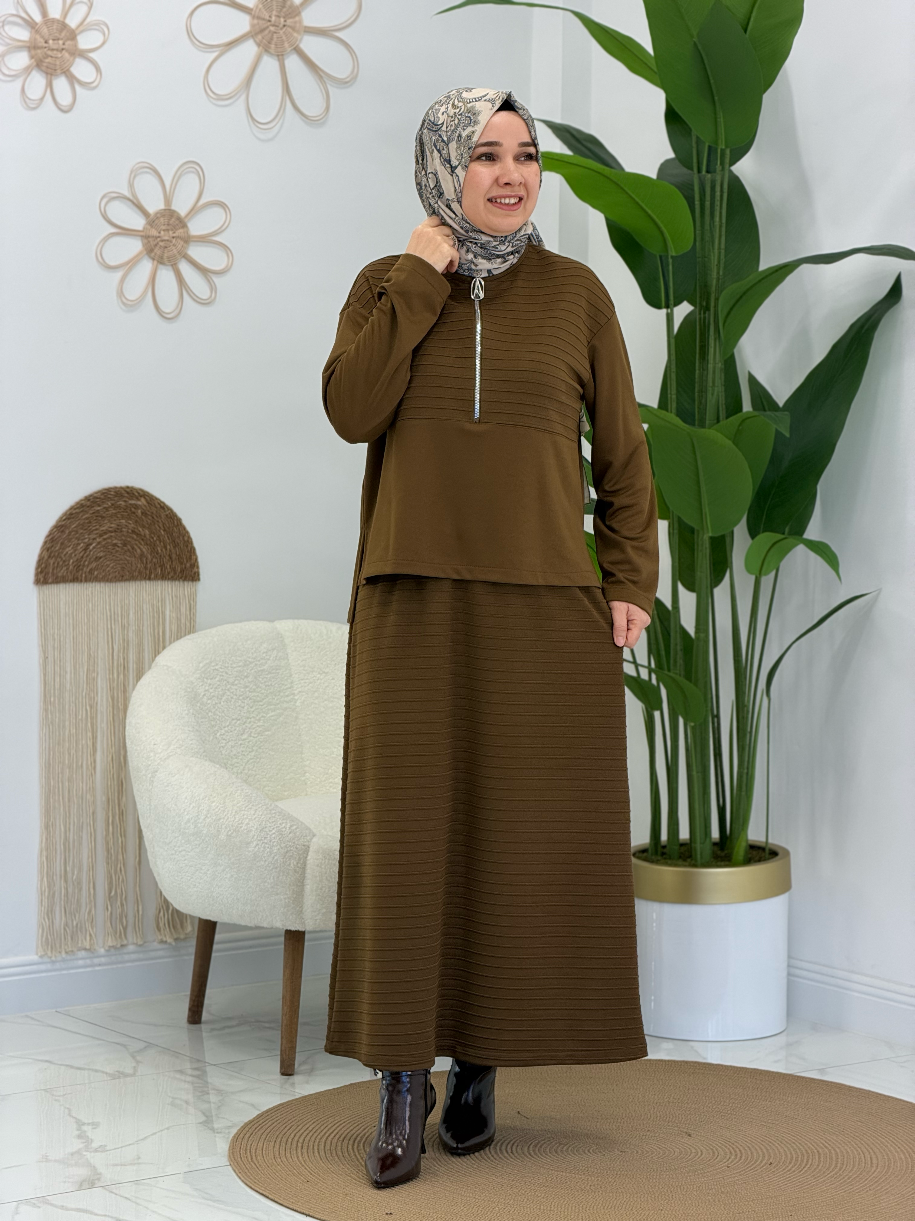 Yağ Yeşili Örme Triko Takım