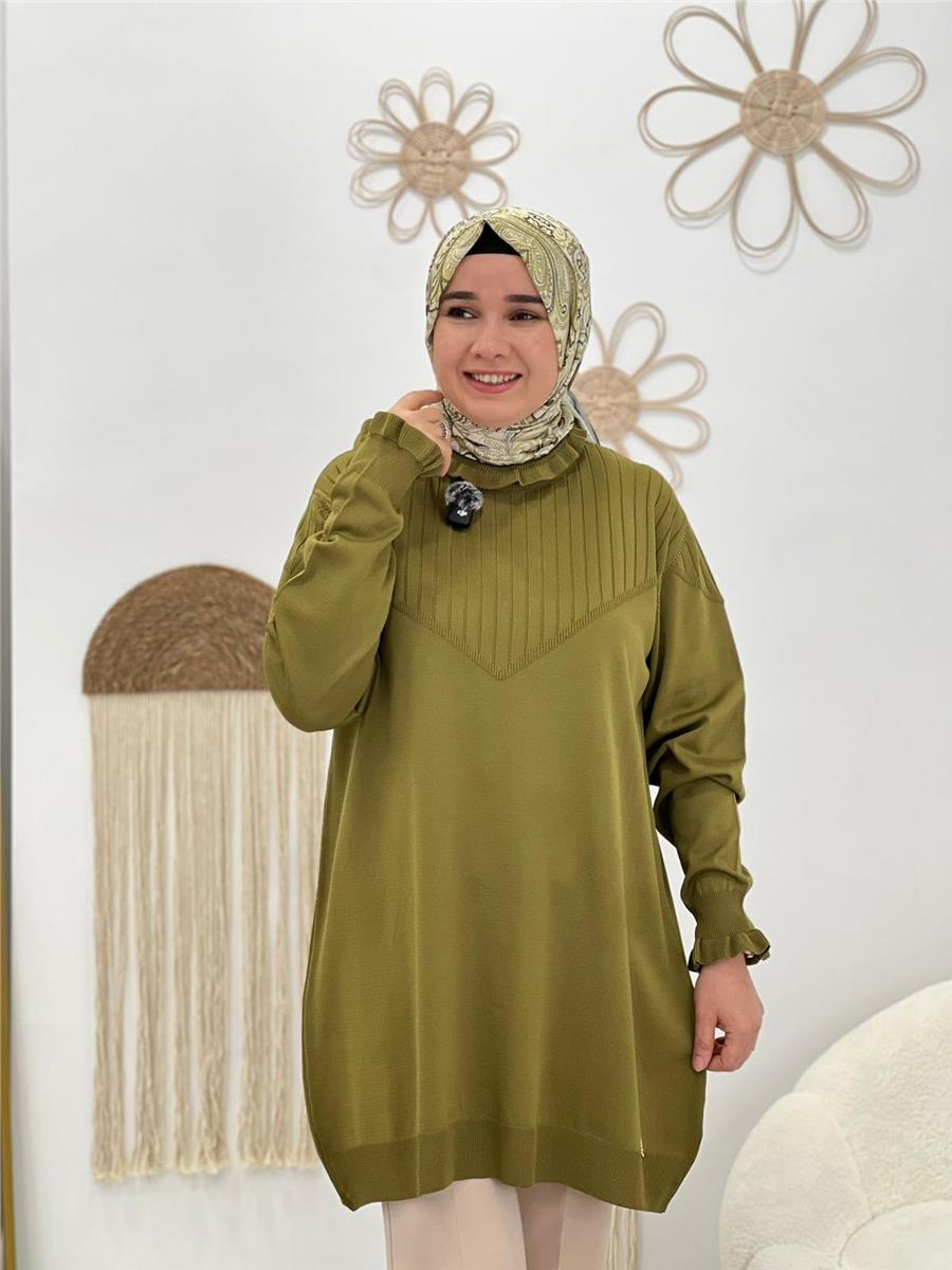 Yeşil  Fırfırlı Triko Tunik