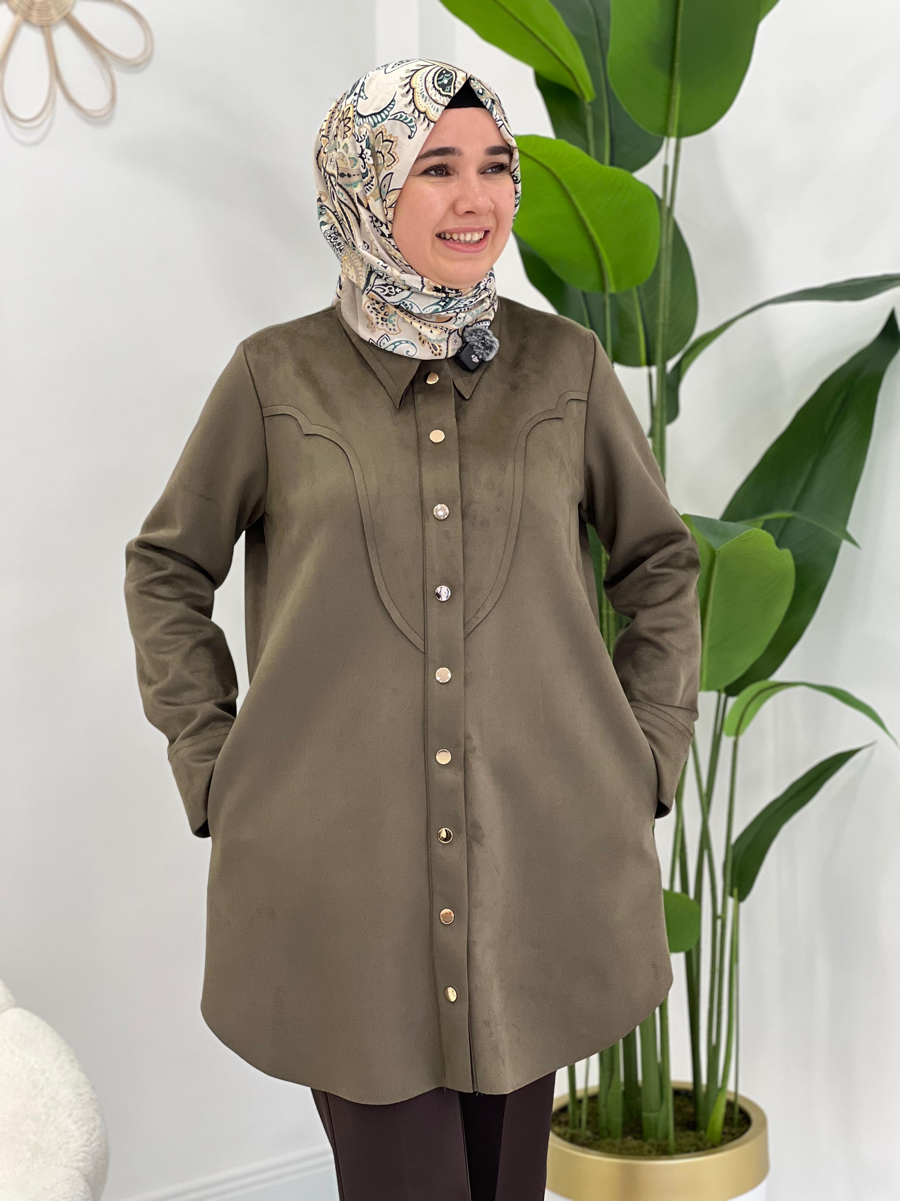 Yeşil Süet Çıtçıtlı T unik