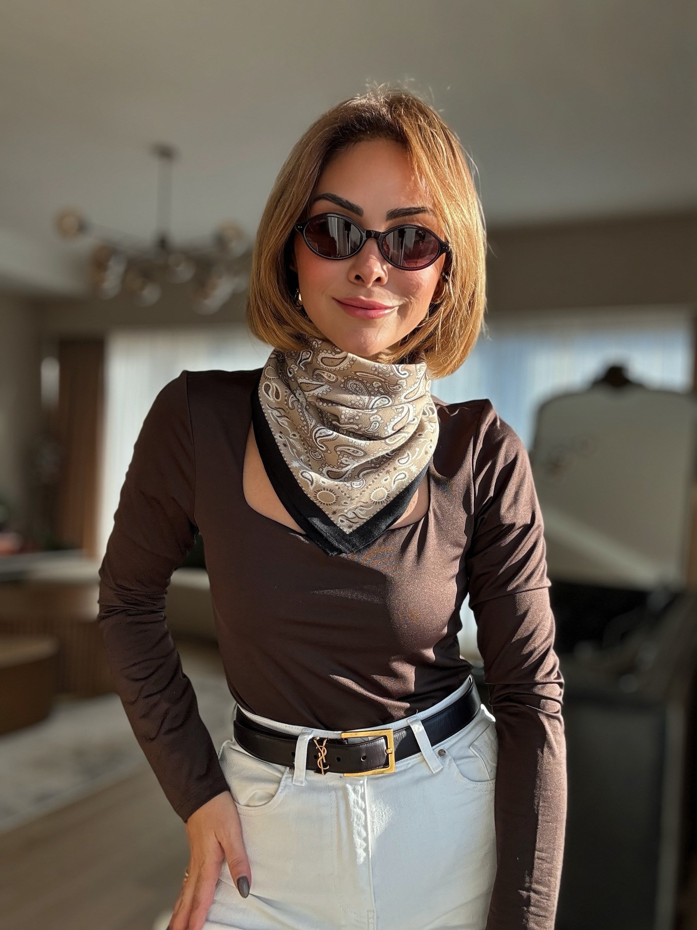 Bej Şal Desenli Pamuklu Fular ( 70*70 )
