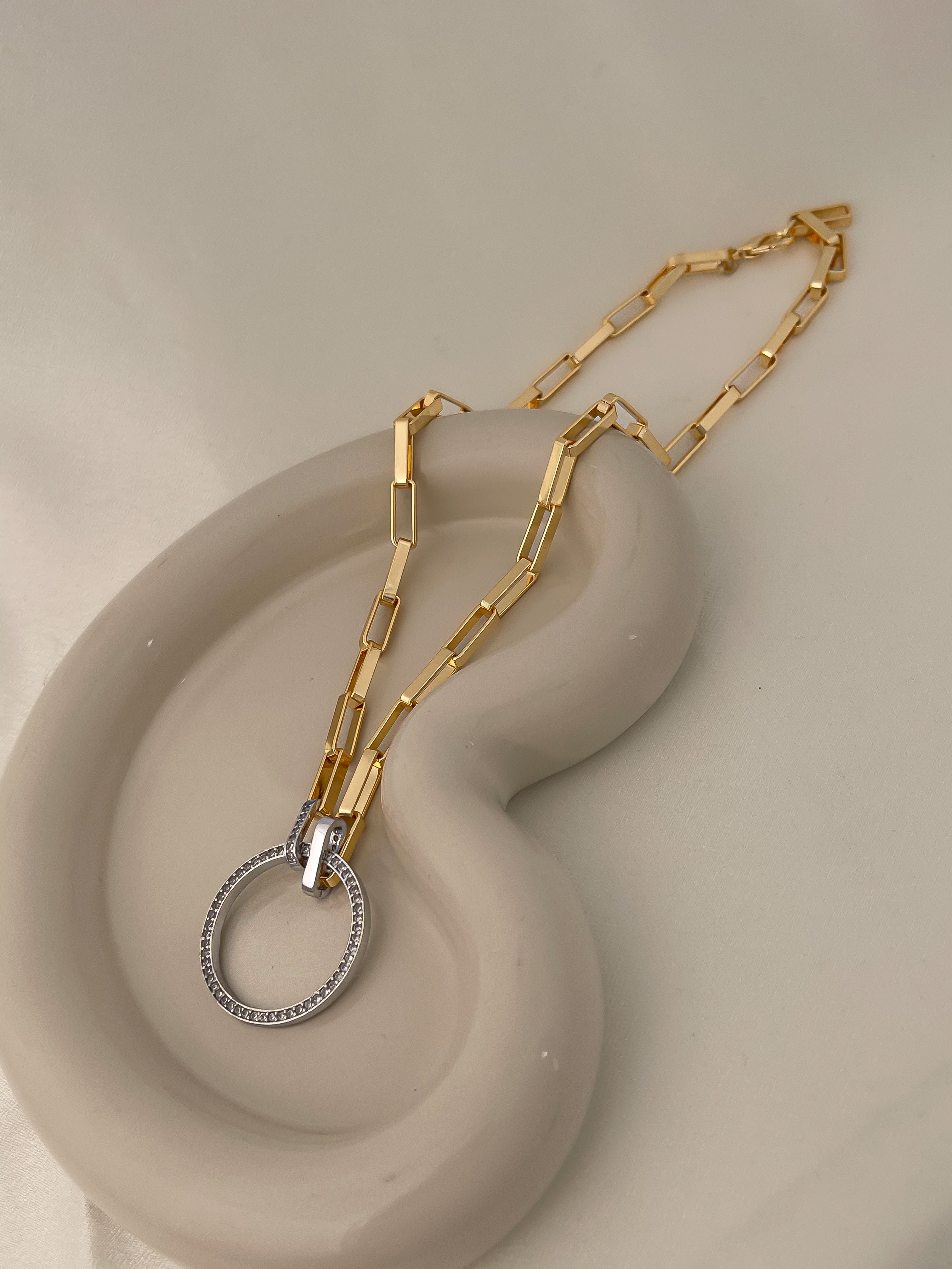 Gümüş Zirkon Taşlı Daire Uç Gold Geçmeli Zincir Kolye (49 Cm)