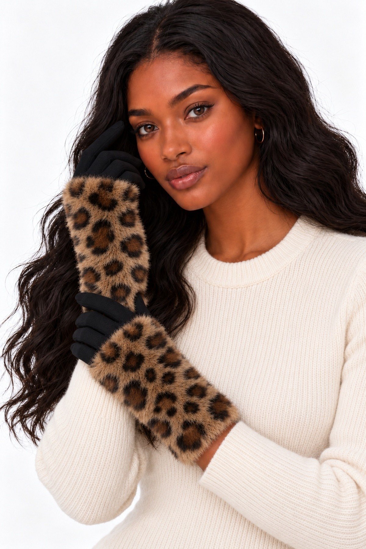Leopar Desen Kürklü Eldiven