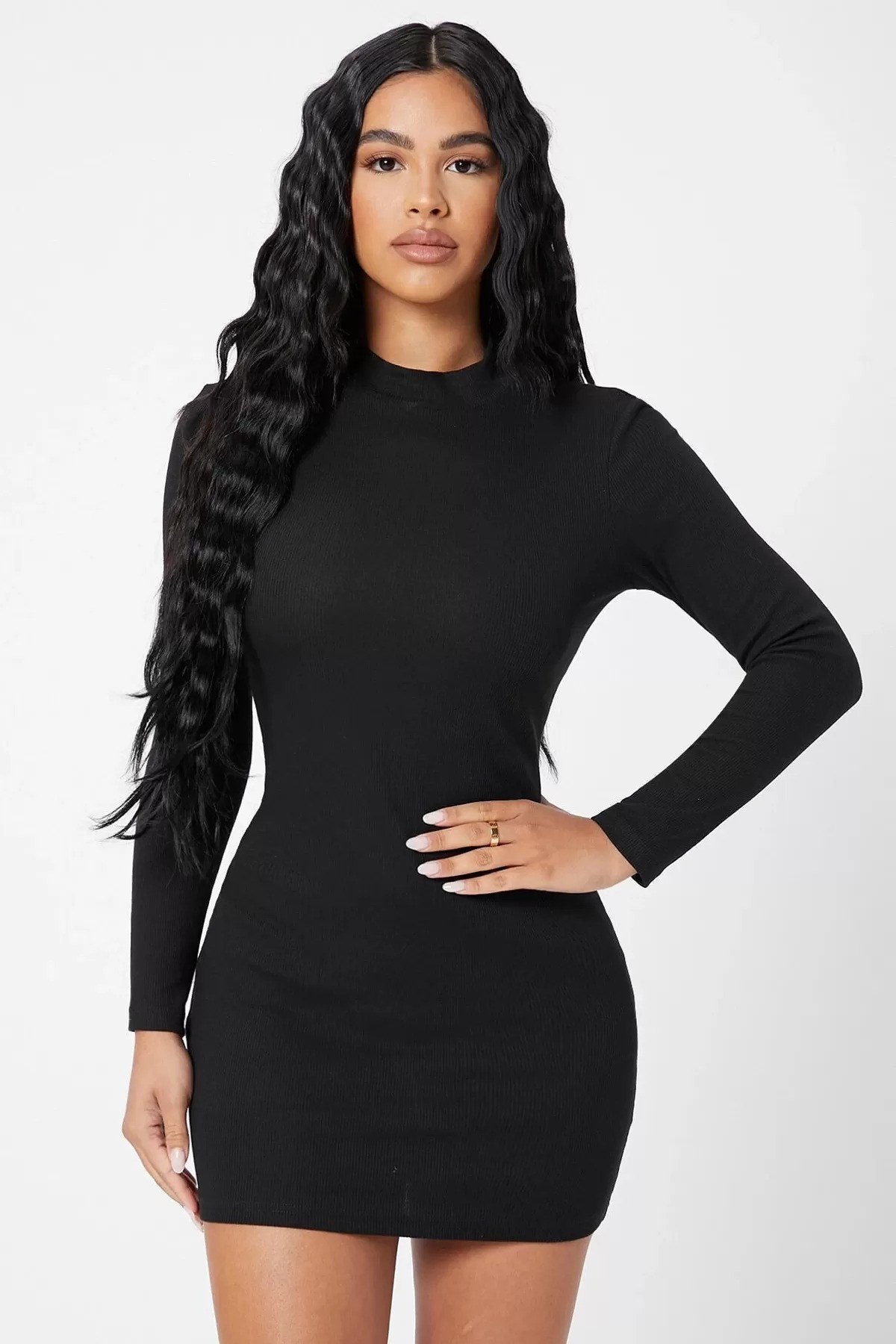 Siyah Kaşkorse Balıkçı Yaka Uzun Kollu Bodycon Mini Elbise