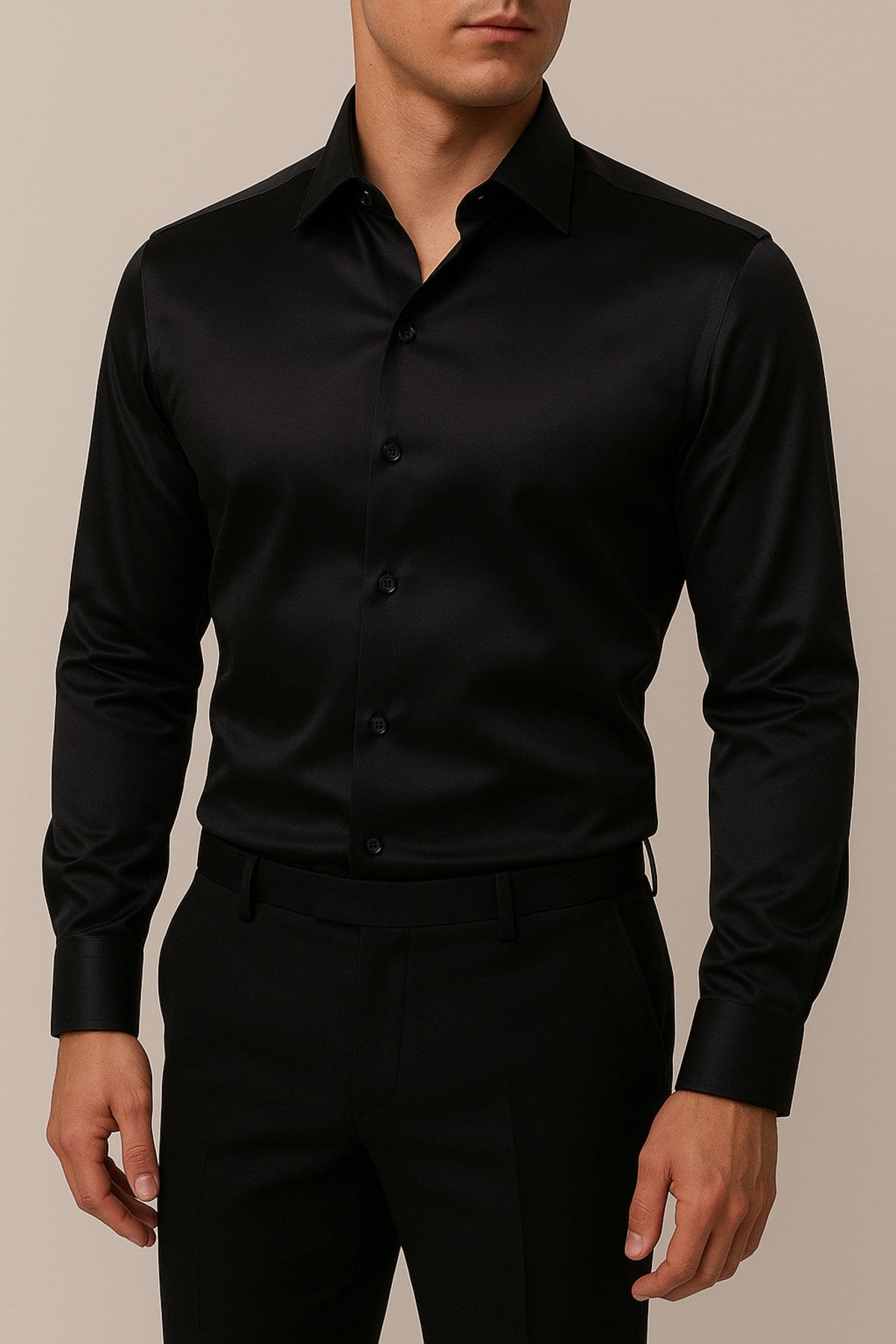 Slim Fit Dar Kesim Uzun Kollu Kolay Ütü Nefes Alan Doku Kravatlık Dört Mevsim Siyah Erkek Gömlek