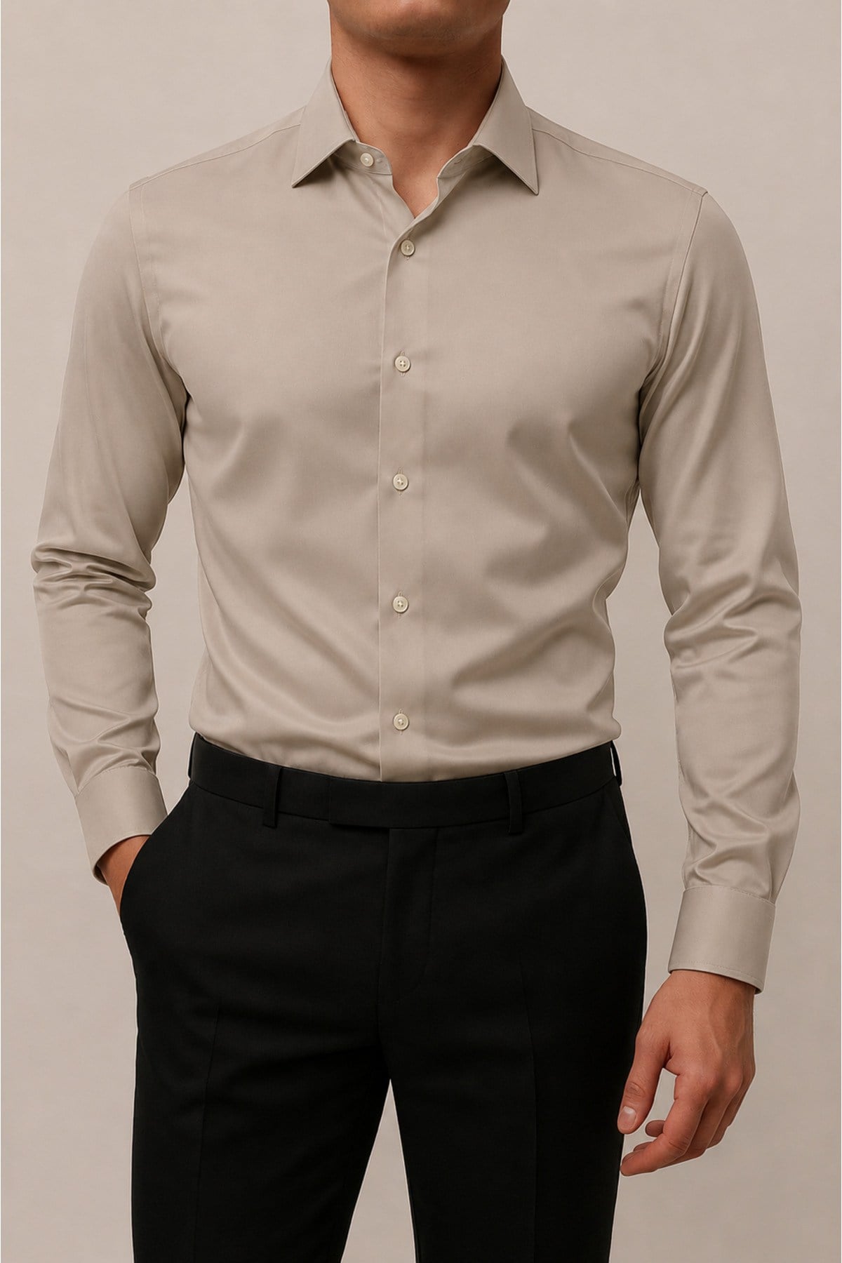 Slim Fit Dar Kesim Uzun Kollu Kolay Ütü Nefes Alan Doku Kravatlık Dört Mevsim Gri Erkek Gömlek