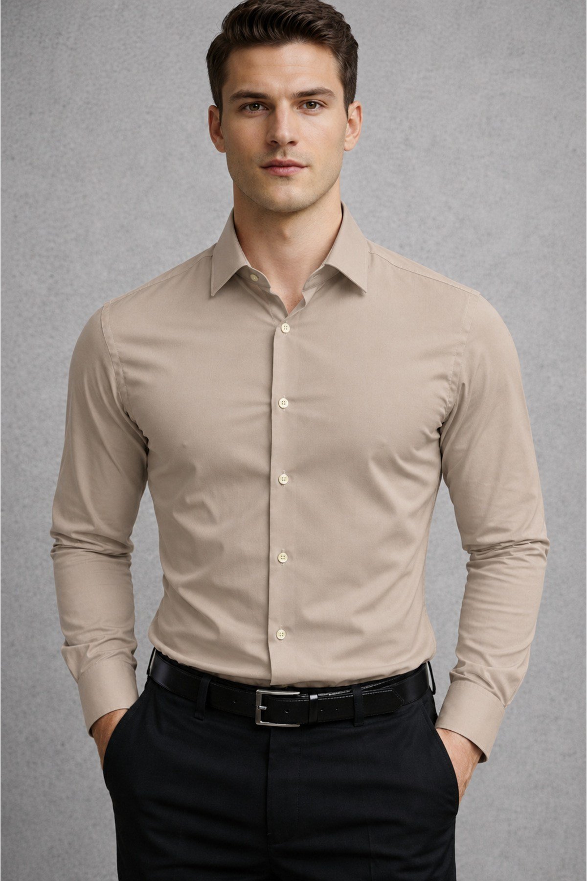 Slim Fit Uzun Kollu Kolay Ütü Teri Emen Nefes Alan Doku Kravatlık Dört Mevsim Erkek Gömlek