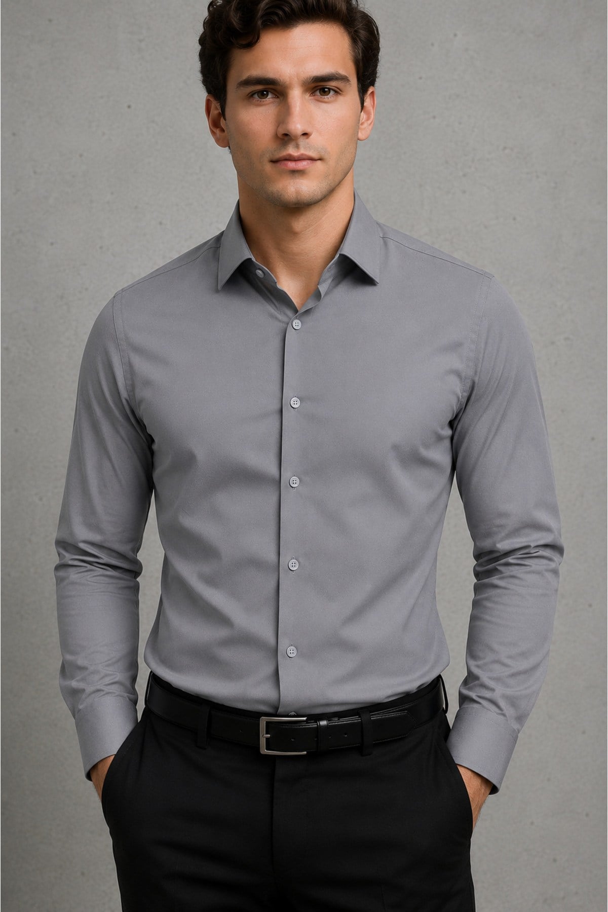 Slim Fit Uzun Kollu Kolay Ütü Teri Emen Nefes Alan Doku Kravatlık Gri Erkek Gömlek