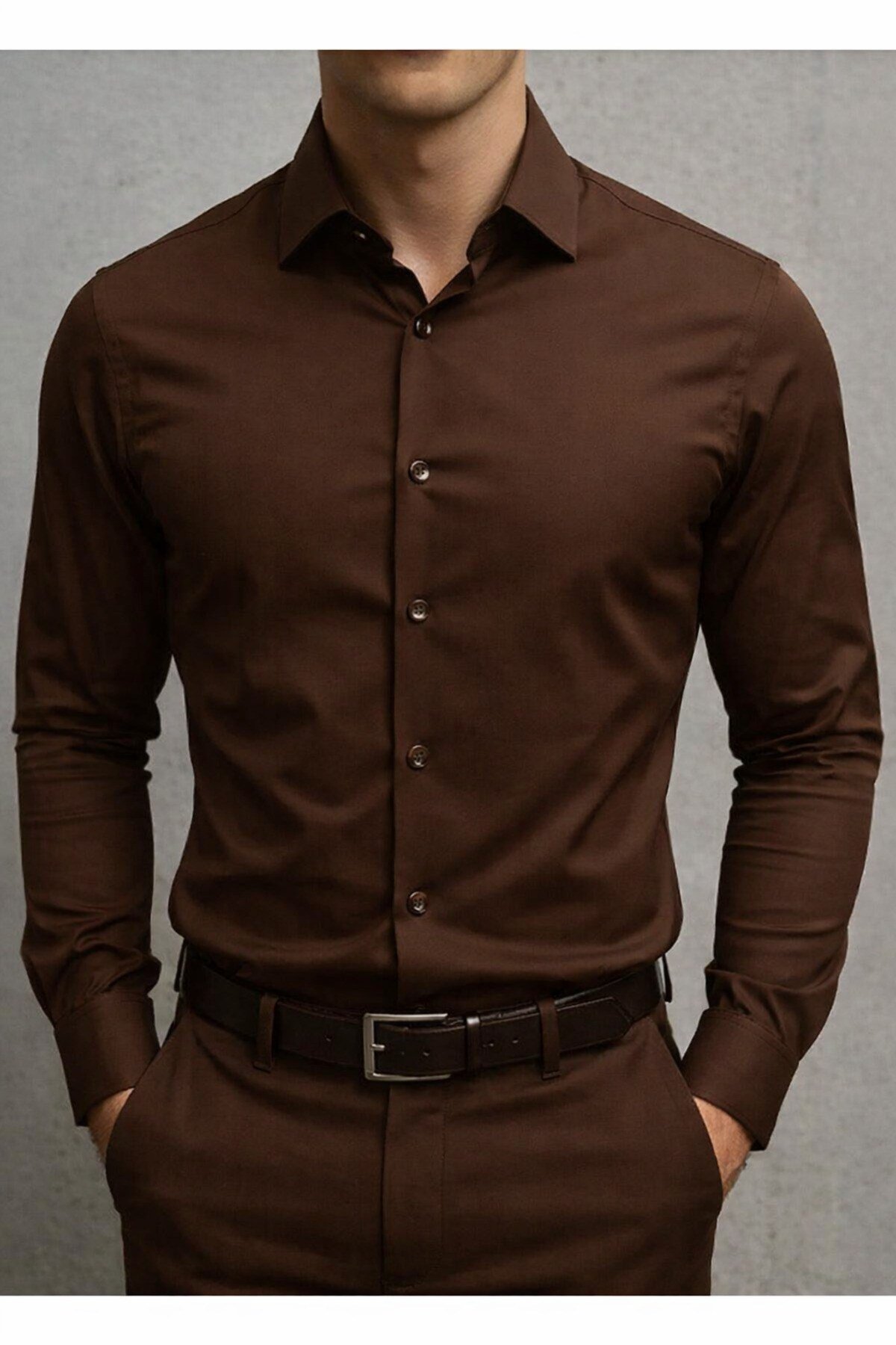 Slim Fit Uzun Kollu Kolay Ütü Teri Emen Nefes Alan Doku Kravatlık Kahverengi Erkek Gömlek