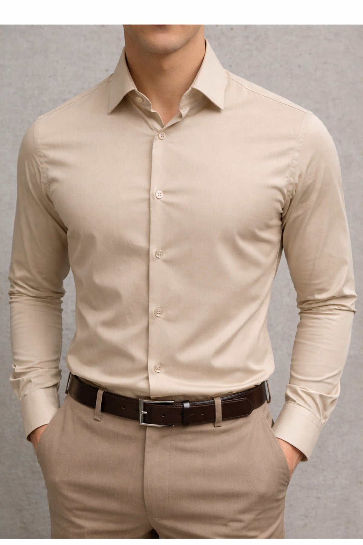 Slim Fit Uzun Kollu Kolay Ütü Teri Emen Nefes Alan Doku Kravatlık Bej Erkek Gömlek