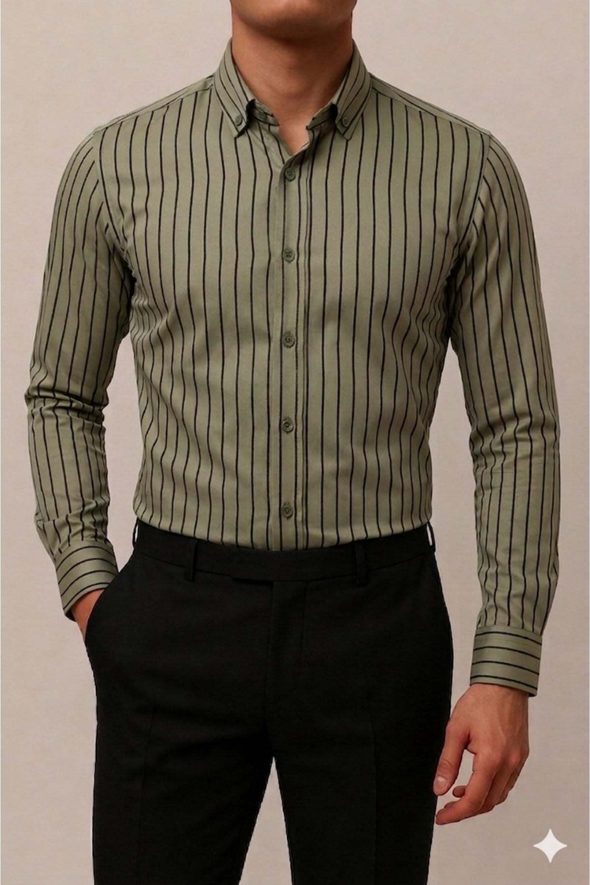 Yeşil Çizgili Erkek Slim Fit Saten Gömlek Uzun Kollu Şık Gömlek