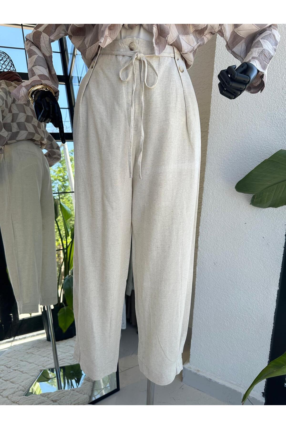 Düğme Detaylı Keten Pantolon Taş