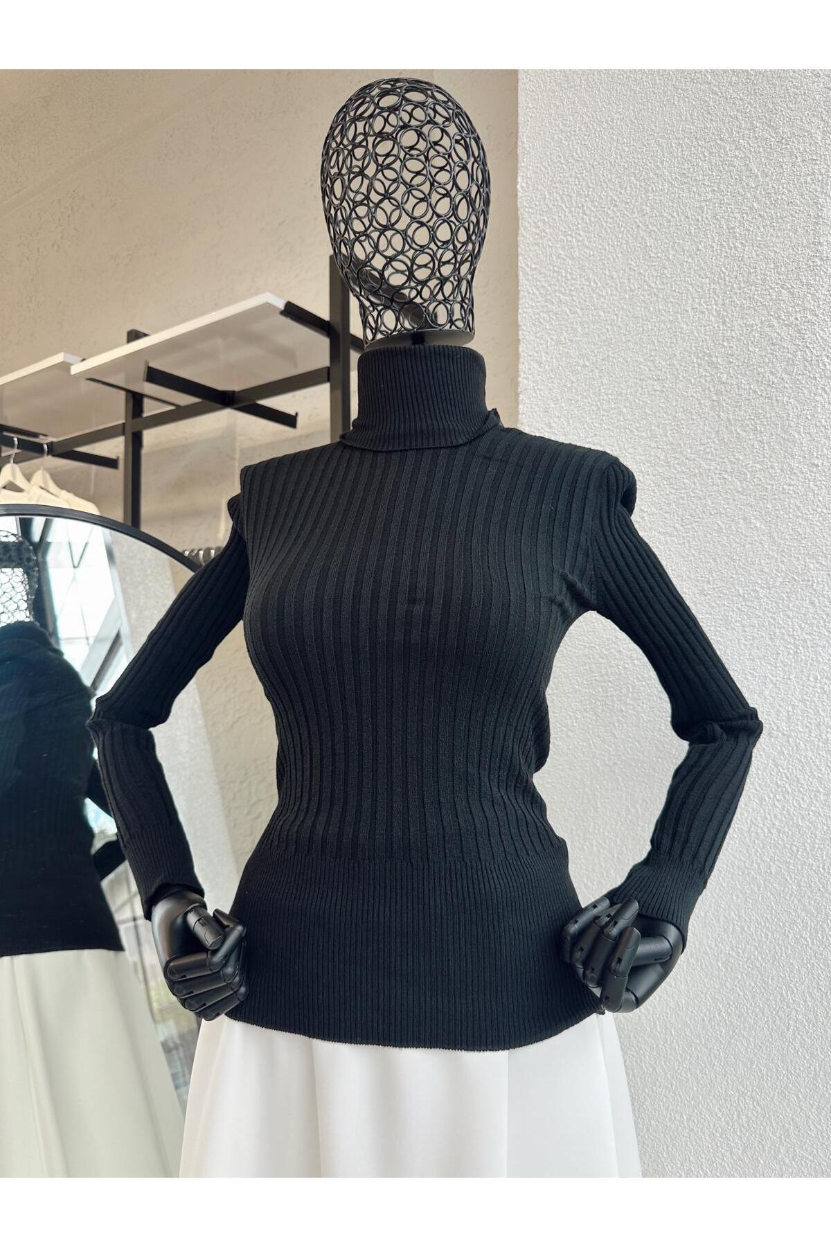 Hot Fashion Fitilli Balıkçı Yaka Kazak Siyah