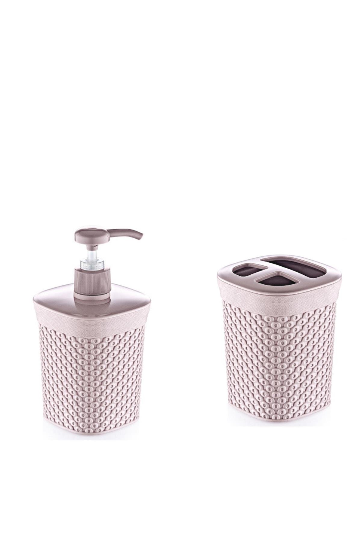 2 Li Banyo Seti. Elmas Desen Sıvı Sabunluk 500 Ml+diş Temizliği Organizeri(diş Fırçalık)