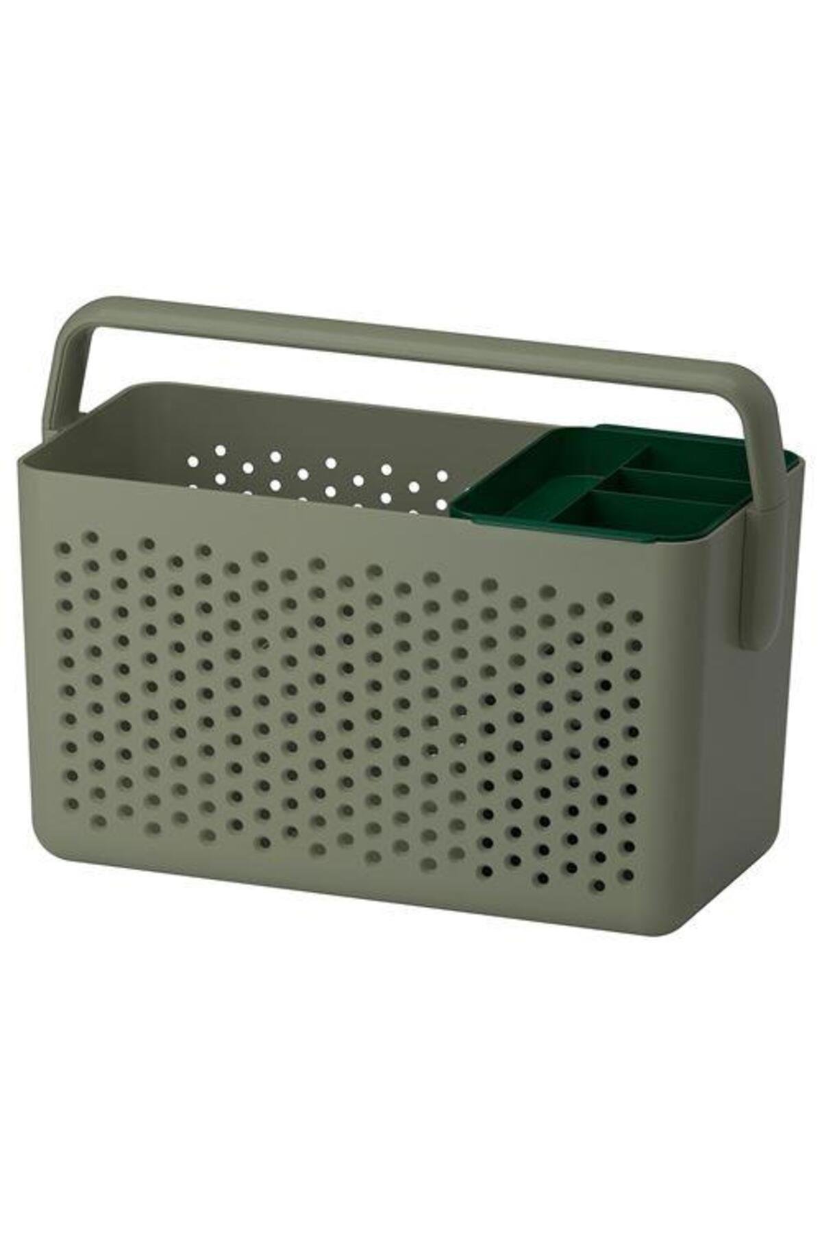 Bölmeli Saklama Sepeti Zeytin Yeşili 35x17x25 cm Kulplu Banyo-Mutfak Düzenleme Kutusu