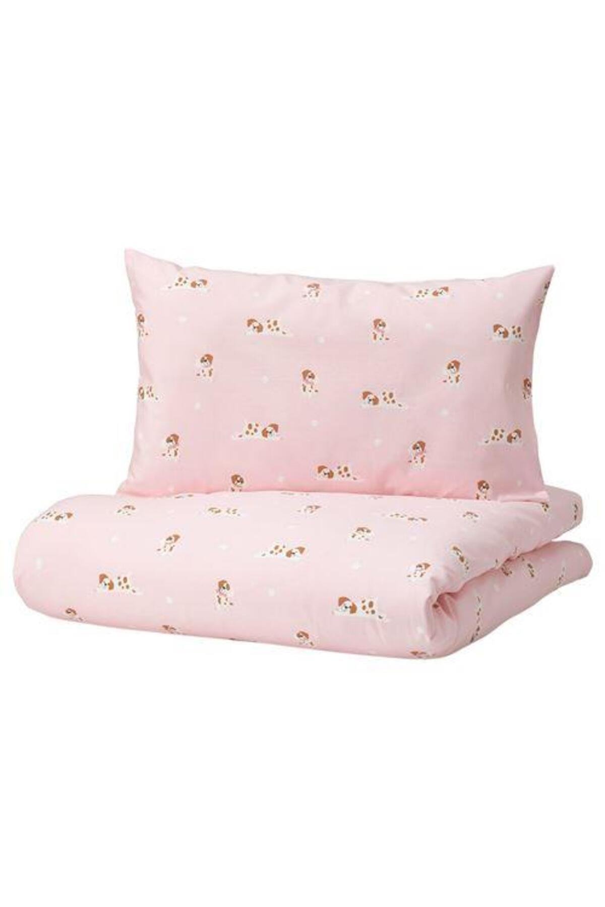 Çift Taraflı Bebek Nevresim Takımı MeridyenDukkan Pembe Renk Köpek Temalı 110x125/35x55 cm