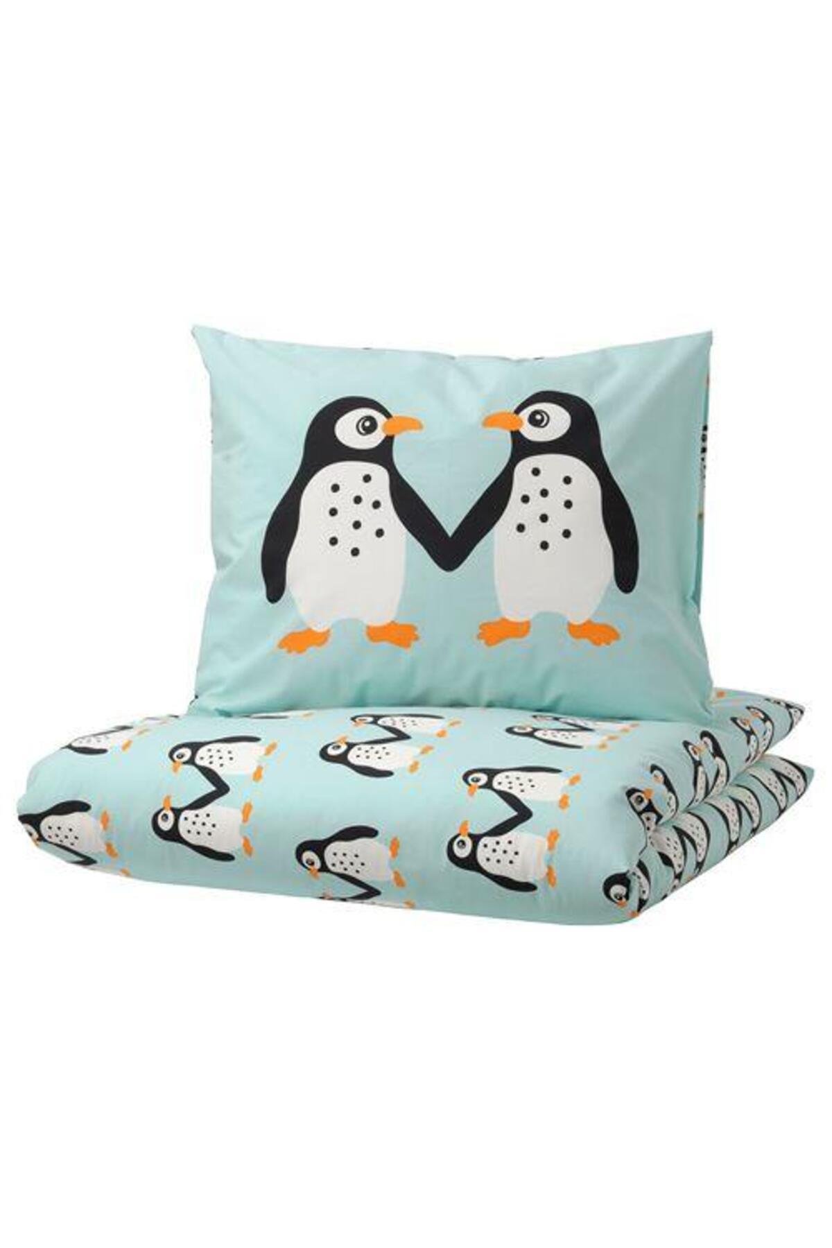 Çocuk Nevresim Takımı MeridyenDukkan Açık Turkuaz Renk Penguen Temalı 150x200Cm