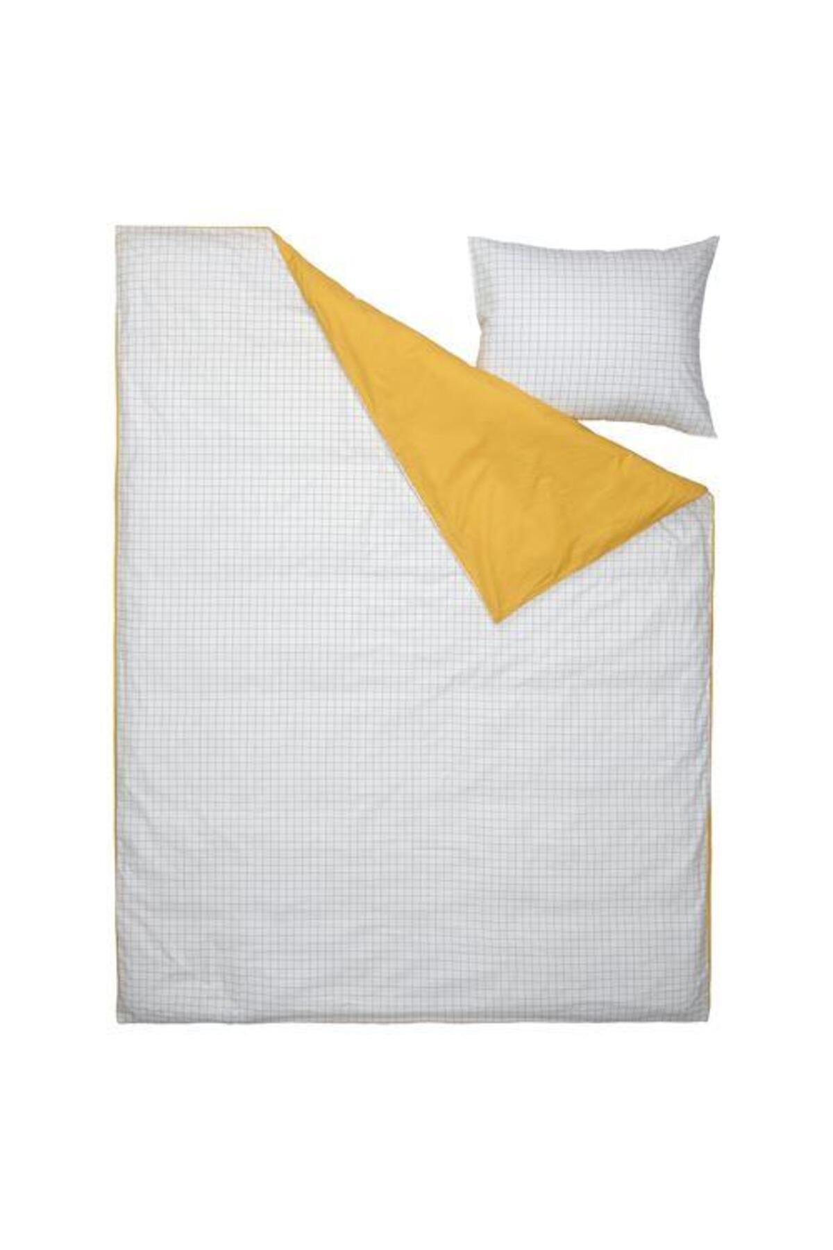 Çocuk Nevresim Takımı Tek Kişilik MeridyenDukkan 150x200/50x60 cm Beyaz-Sarı Renk Kareli Nevresim Ça