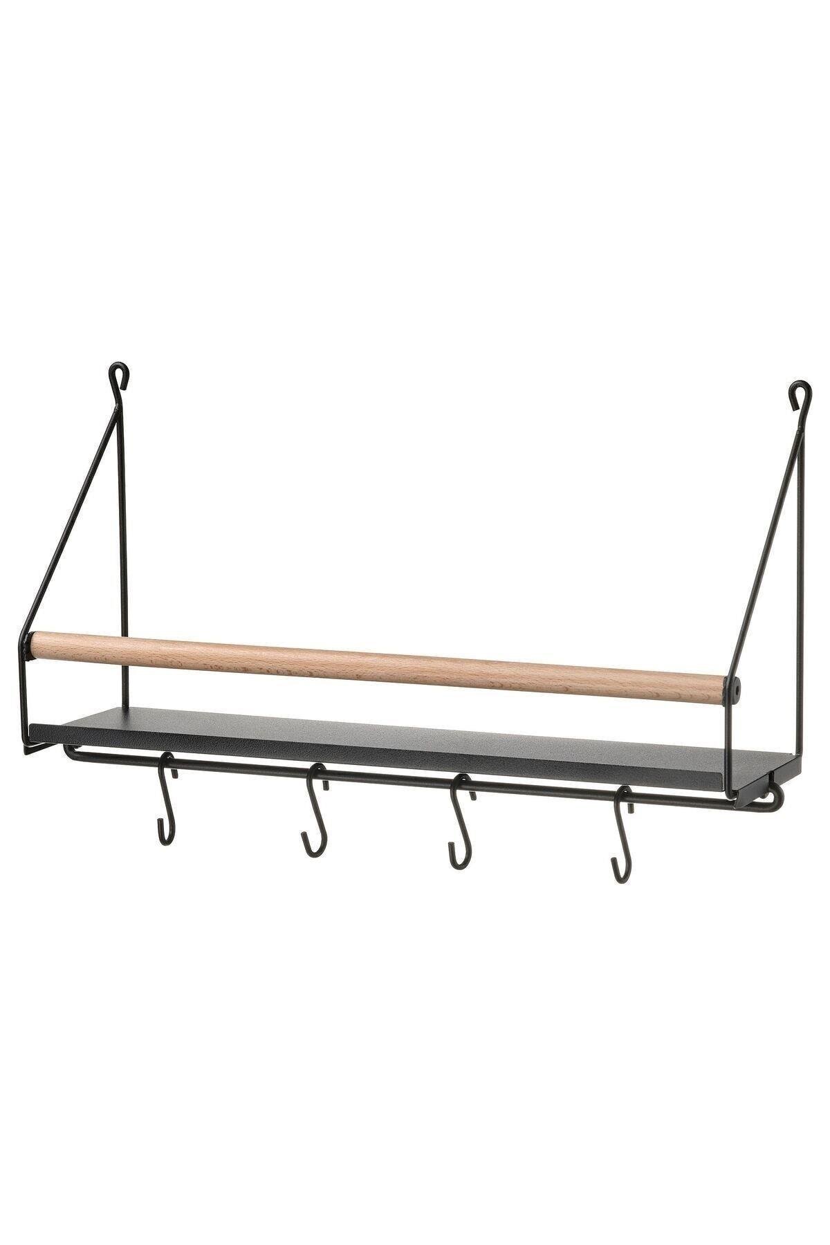 Duvar Rafı Kancalı Raf 42x12x26 Cm Siyah Renk Çelik kayın Ağscı