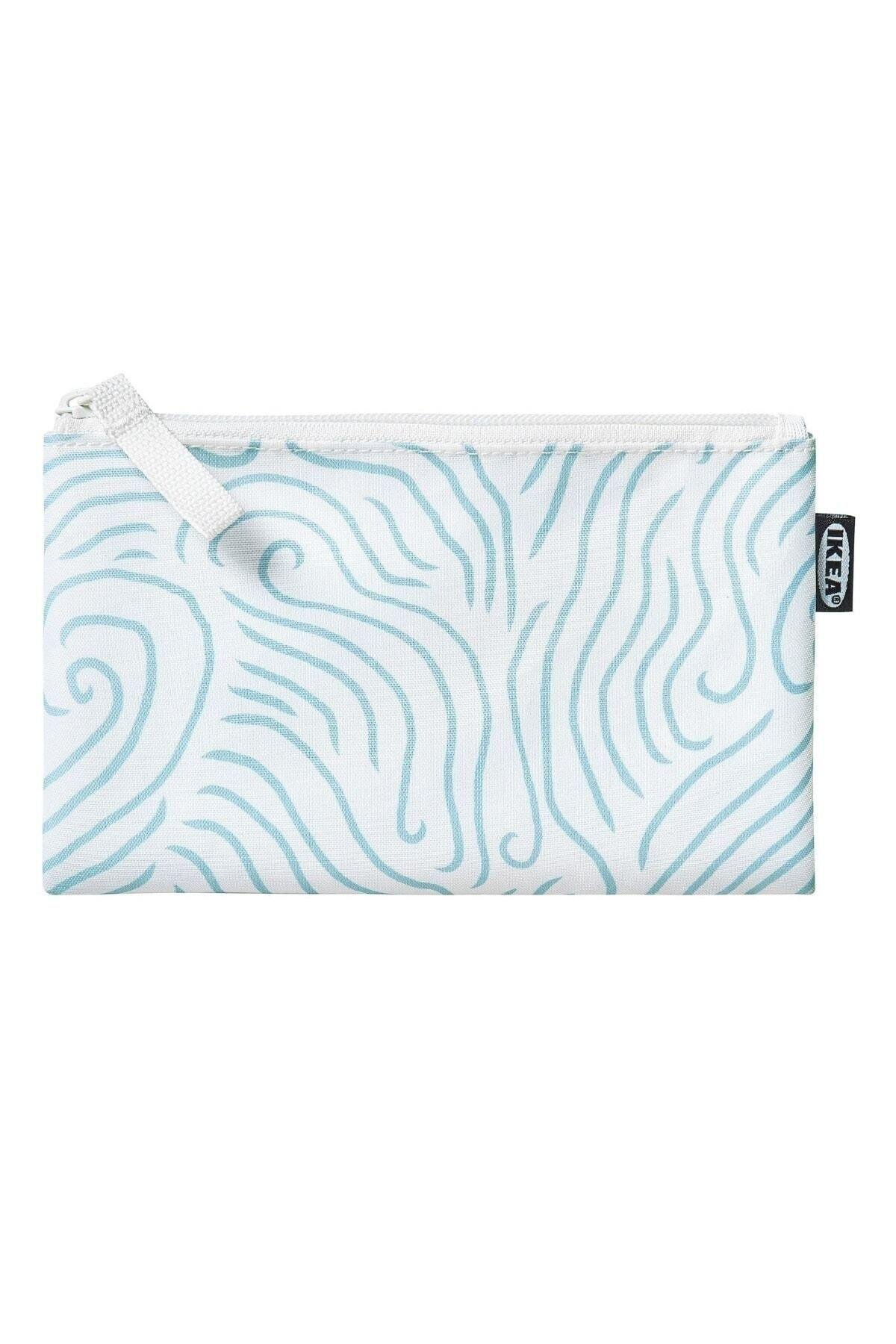 Fermuarlı Aksesuar Çantası 20x12 Cm Ikea Desenli Mini Makyaj Çantası Mavi-beyaz