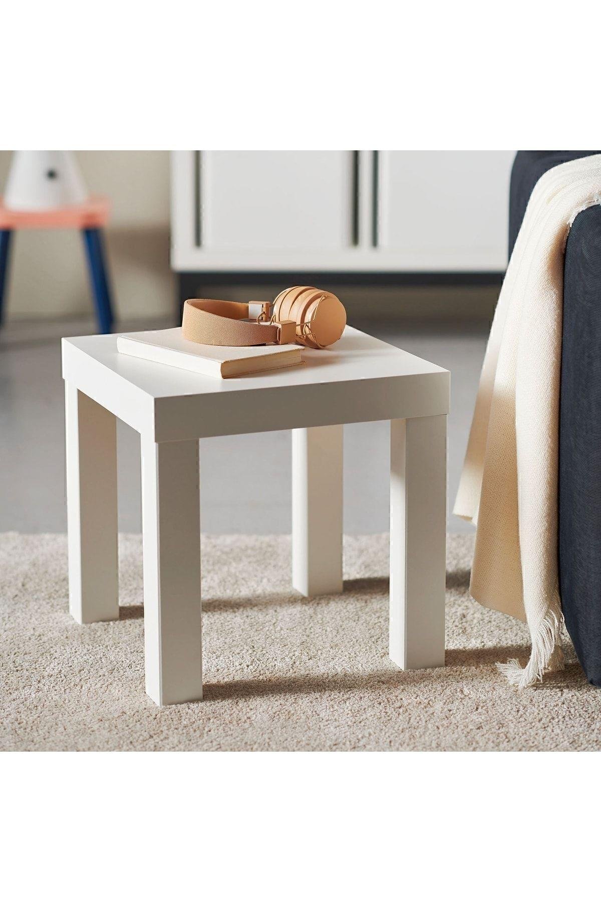 Mini Salon Sehpası Yan Sehpa 35x35x35 Lack Ahşap Beyaz Renk